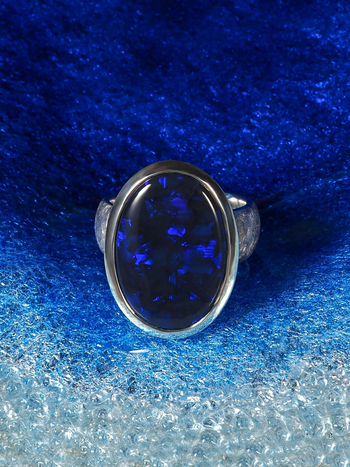 Large Black Opal ring Australian Inky Sterling Silver Matte finish Neon Blue For Sale 5