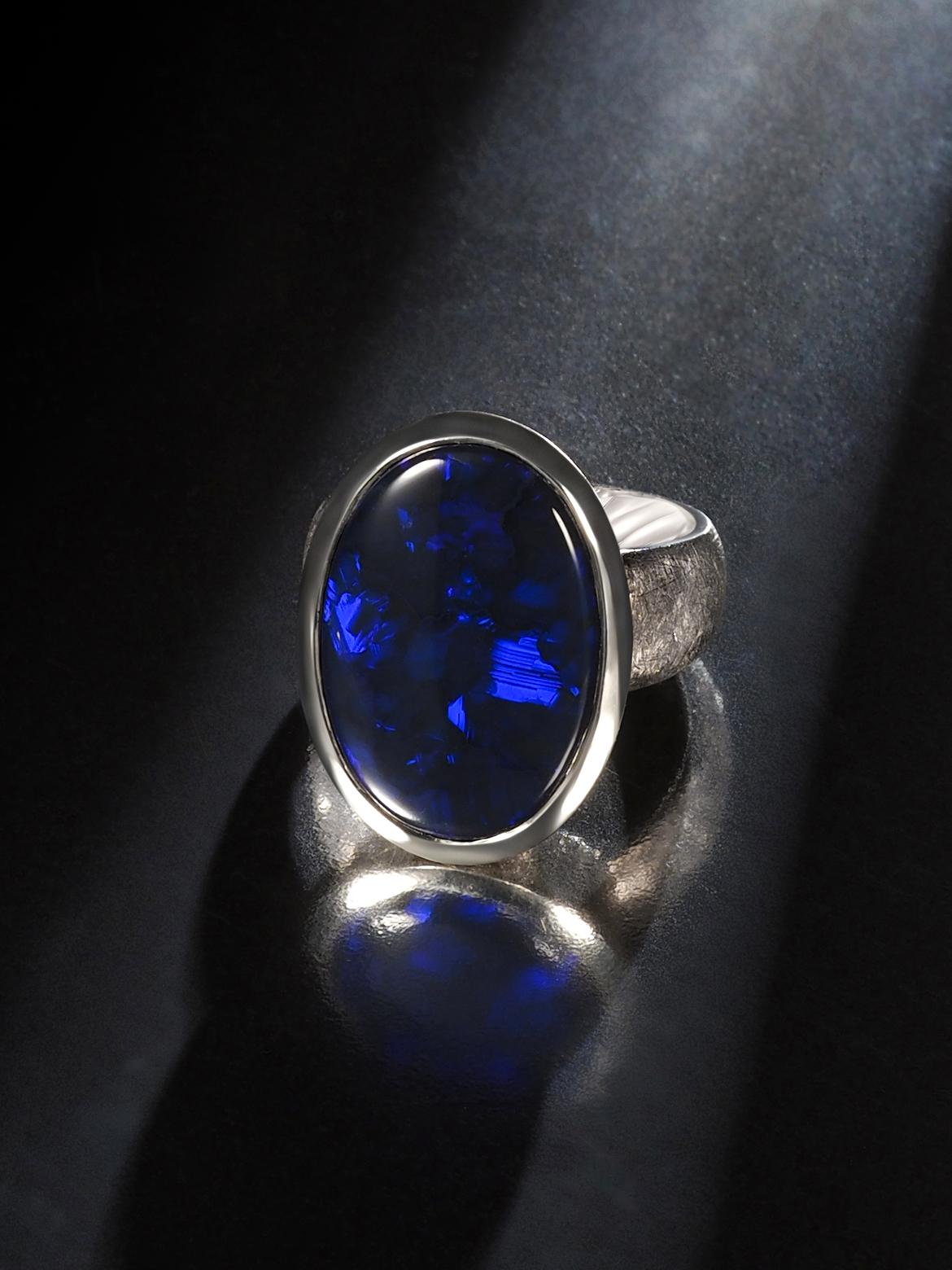 Large Black Opal ring Australian Inky Sterling Silver Matte finish Neon Blue For Sale 6