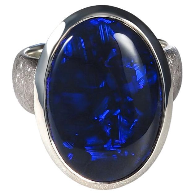 Large Black Opal ring Australian Inky Sterling Silver Matte finish Neon Blue For Sale 10