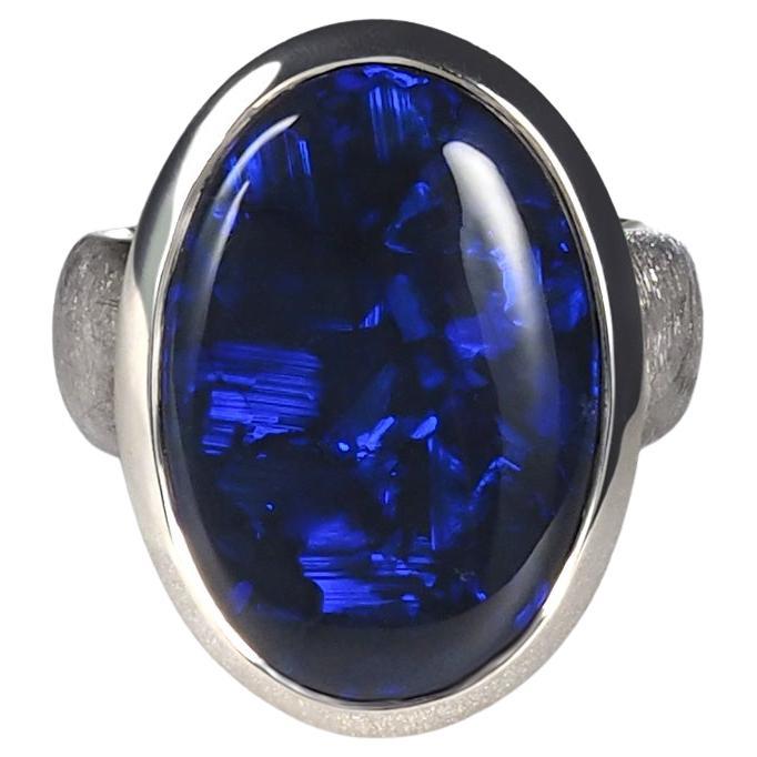 Large Black Opal ring Australian Inky Sterling Silver Matte finish Neon Blue For Sale 11