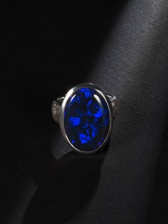 Large Black Opal ring Australian Inky Sterling Silver Matte finish Neon Blue