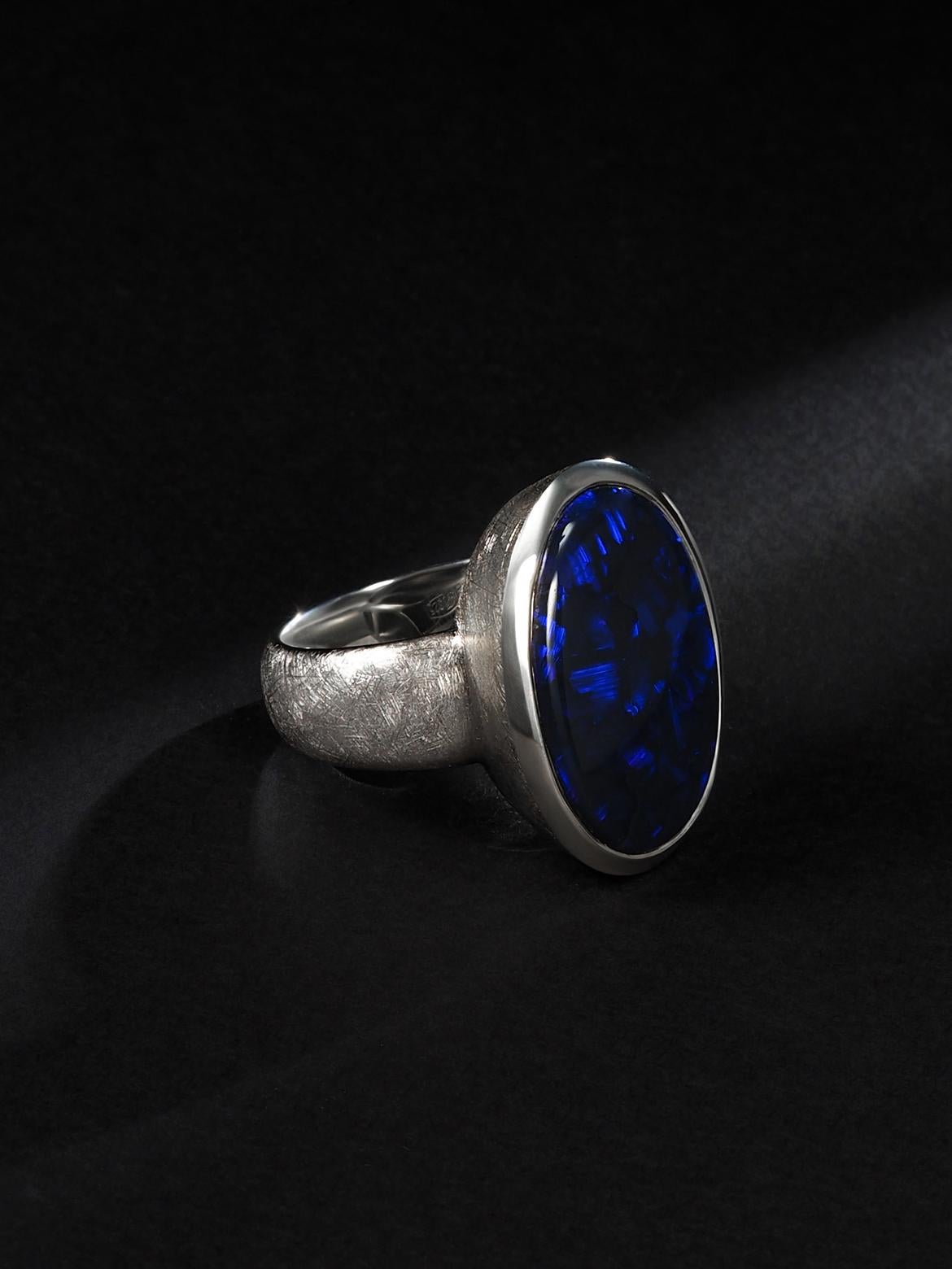 Artist Large Black Opal ring Australian Inky Sterling Silver Matte finish Neon Blue For Sale