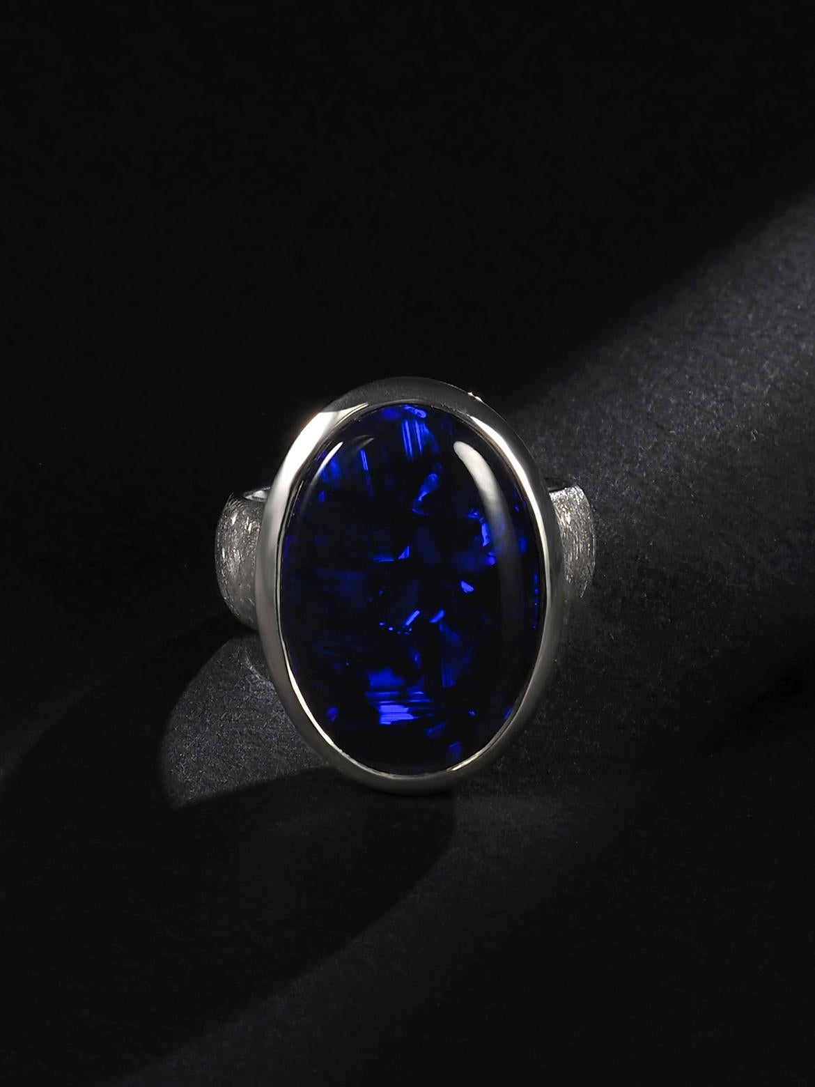 Oval Cut Large Black Opal ring Australian Inky Sterling Silver Matte finish Neon Blue For Sale
