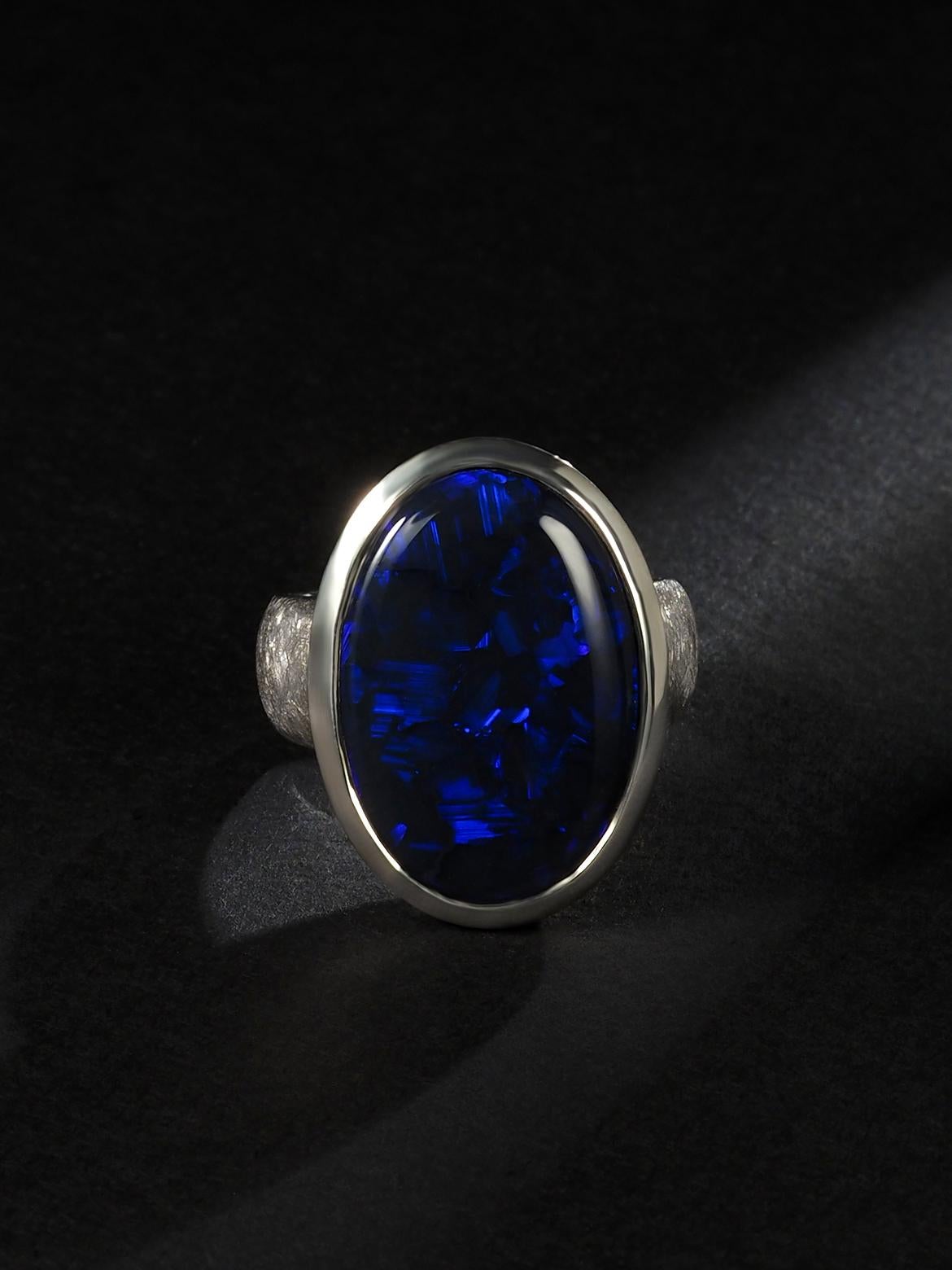 Women's or Men's Large Black Opal ring Australian Inky Sterling Silver Matte finish Neon Blue For Sale