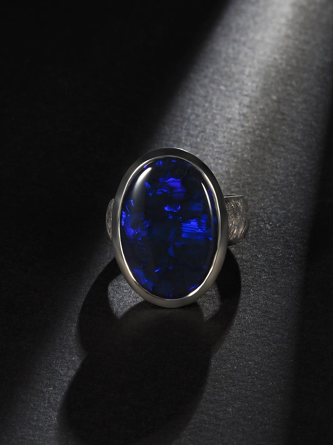 Large Black Opal ring Australian Inky Sterling Silver Matte finish Neon Blue For Sale 2