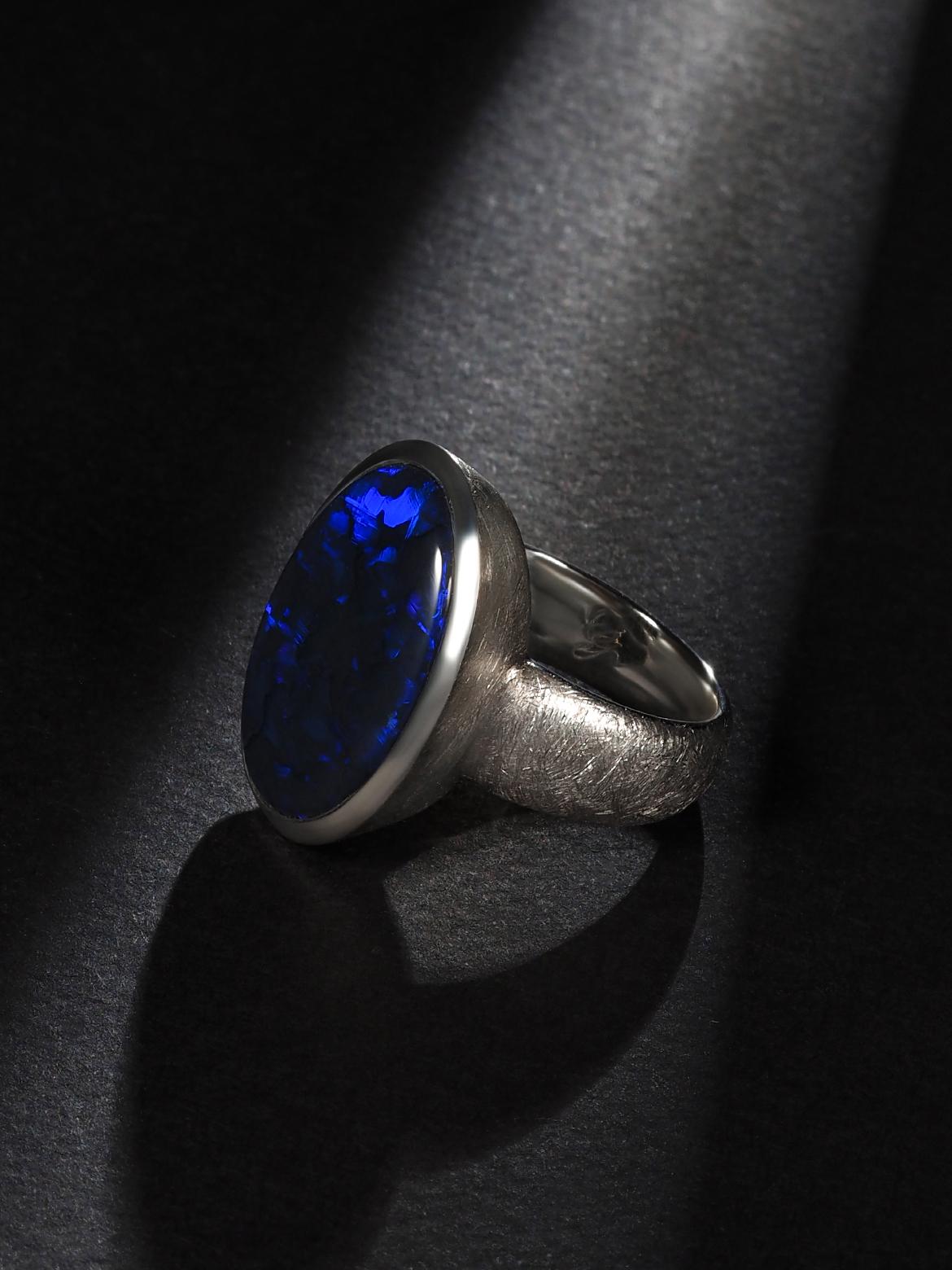 Large Black Opal ring Australian Inky Sterling Silver Matte finish Neon Blue For Sale 3