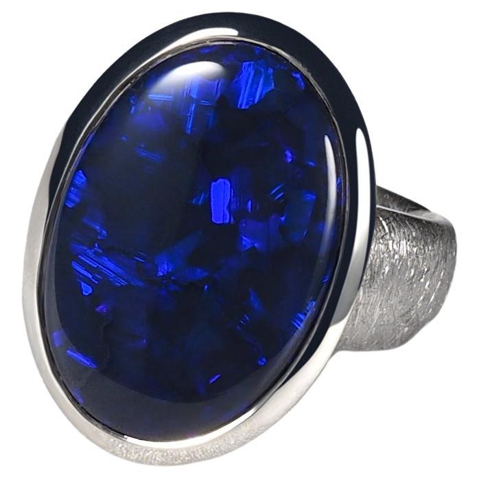 Large Black Opal ring Australian Inky Sterling Silver Matte finish Neon Blue For Sale