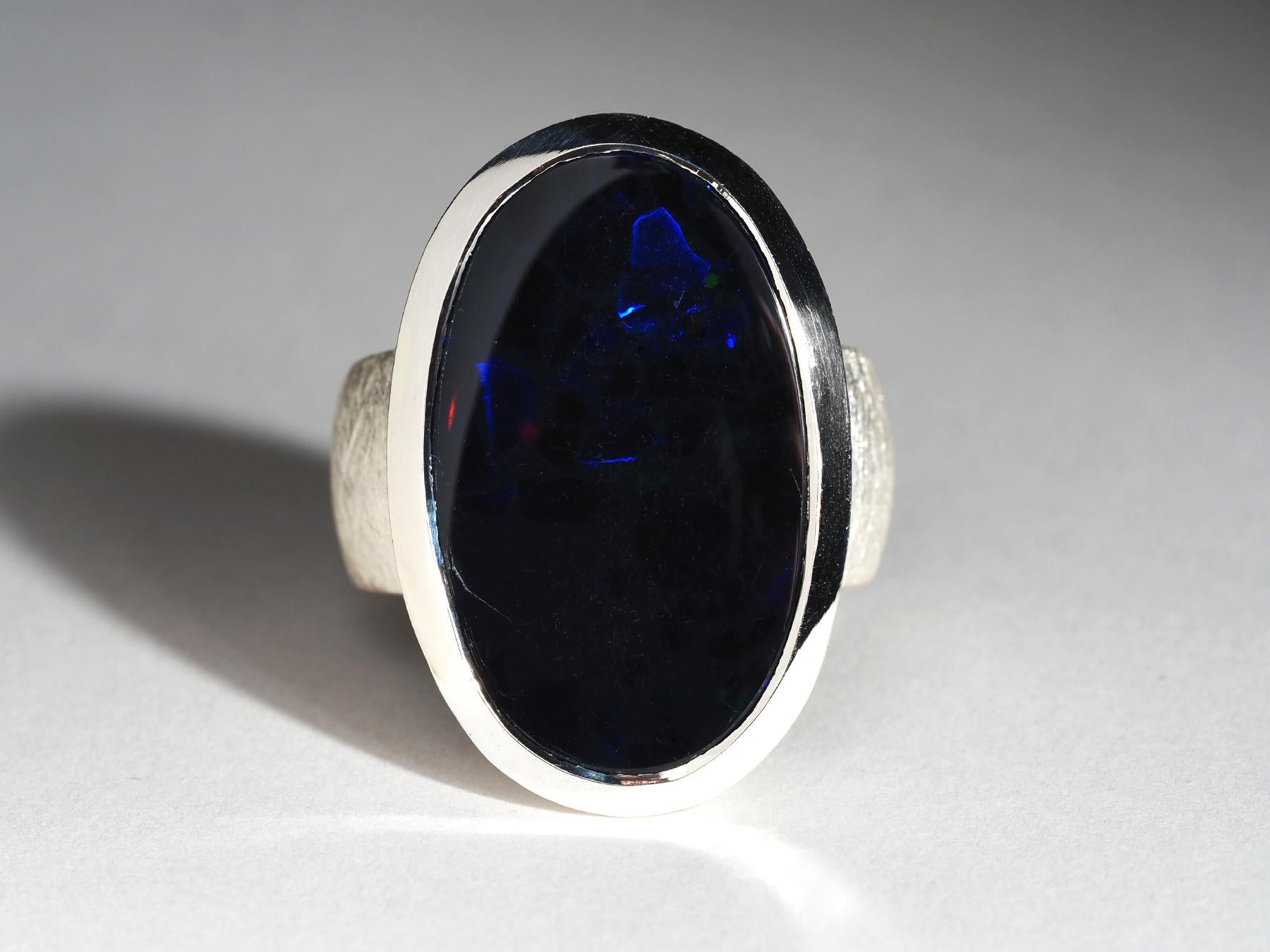 Artisan Large Black opal ring Mens opal jewelry Australian opal natural Blue opalescence For Sale
