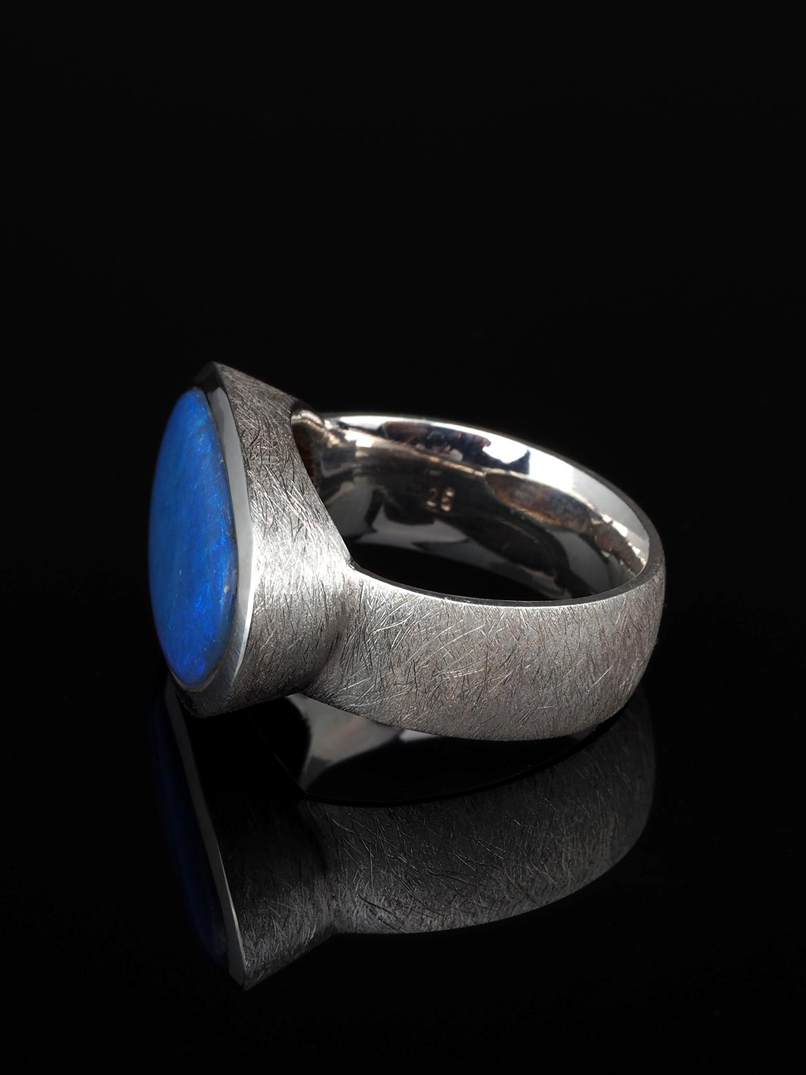 Large Black Opal Silver ring Neon Blue Australian Gemstone Gift Mens ring For Sale 6