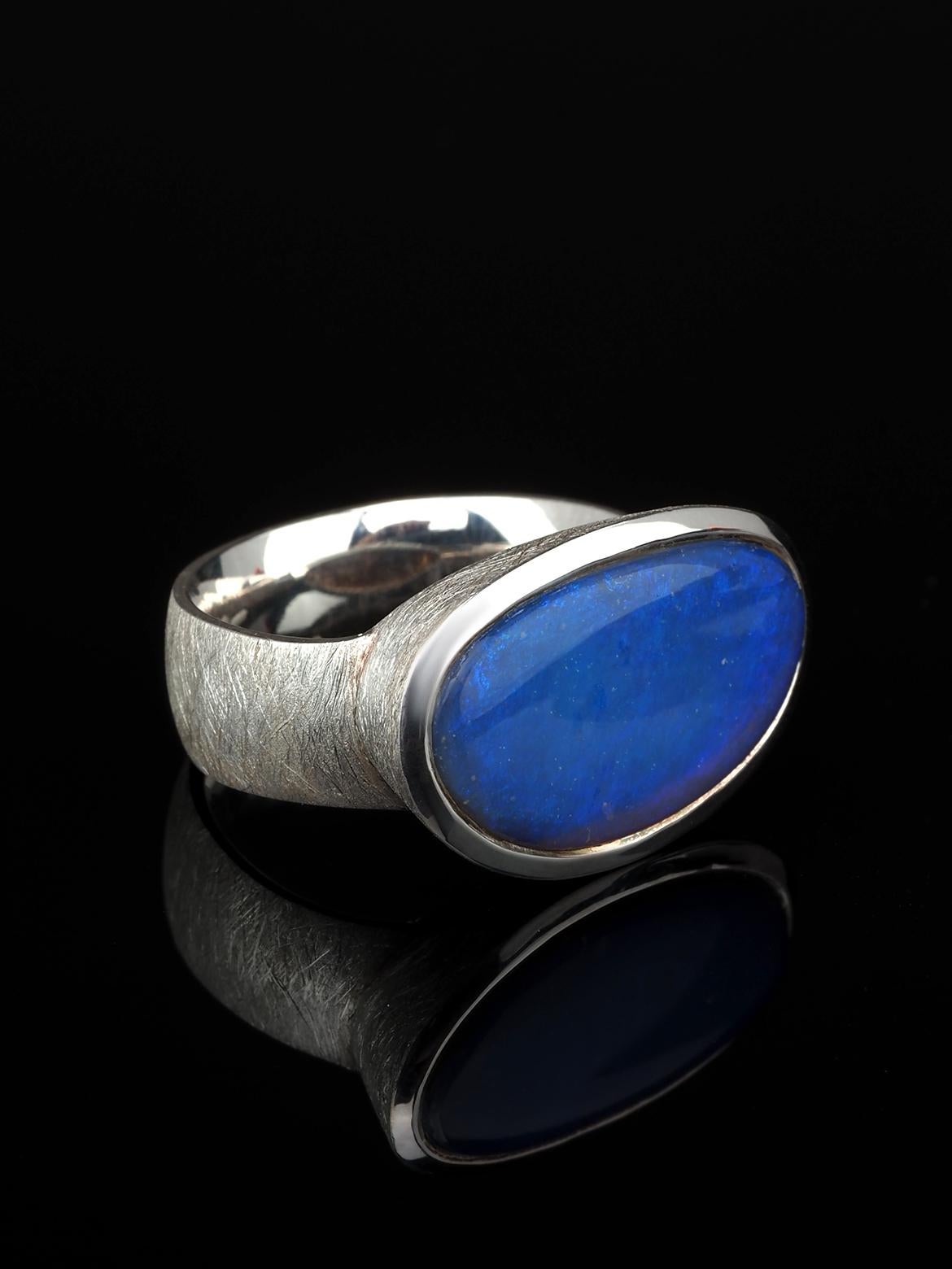 Large Black Opal Silver ring Neon Blue Australian Gemstone Gift Mens ring For Sale 7