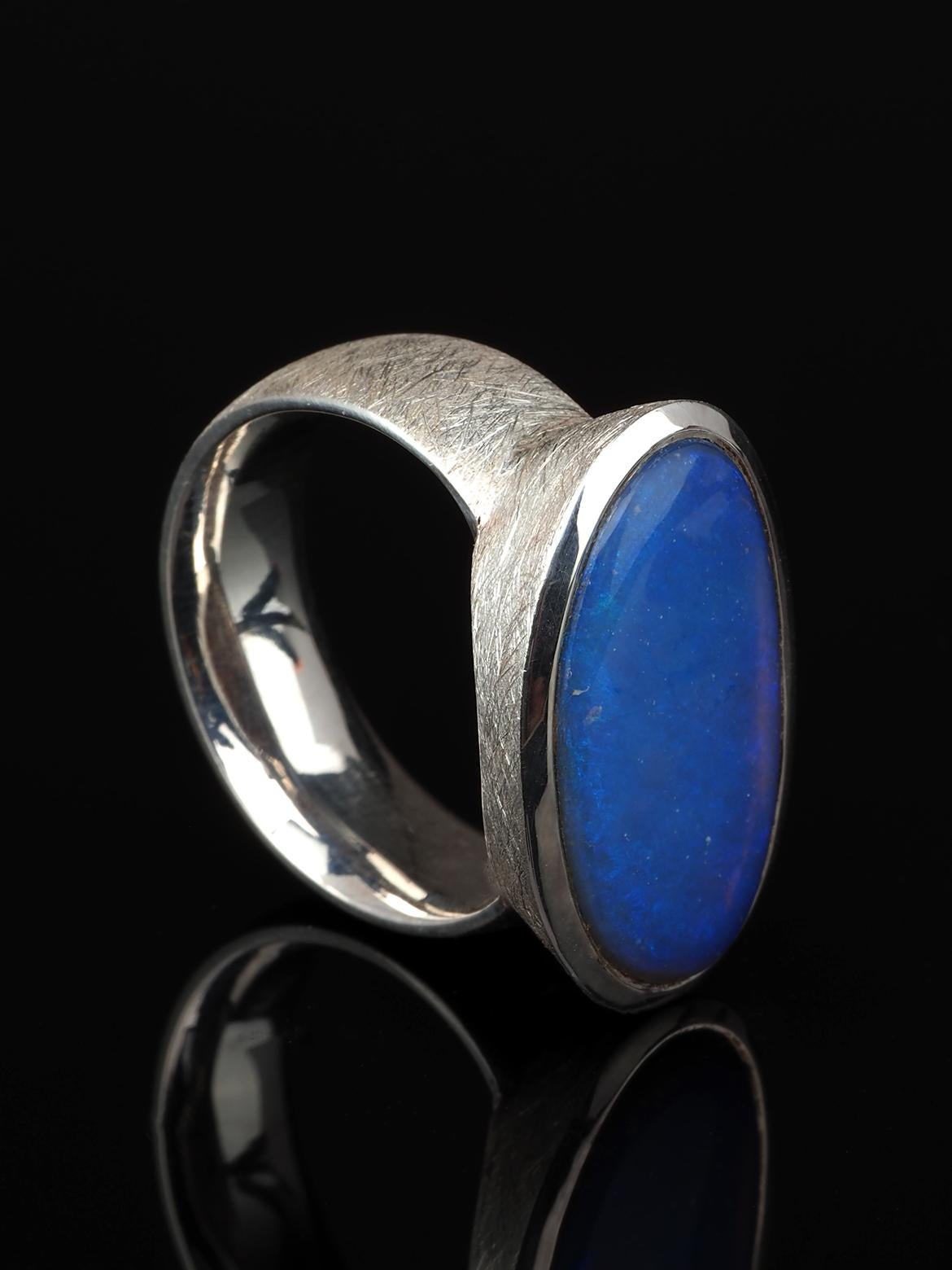 Large Black Opal Silver ring Neon Blue Australian Gemstone Gift Mens ring For Sale 8