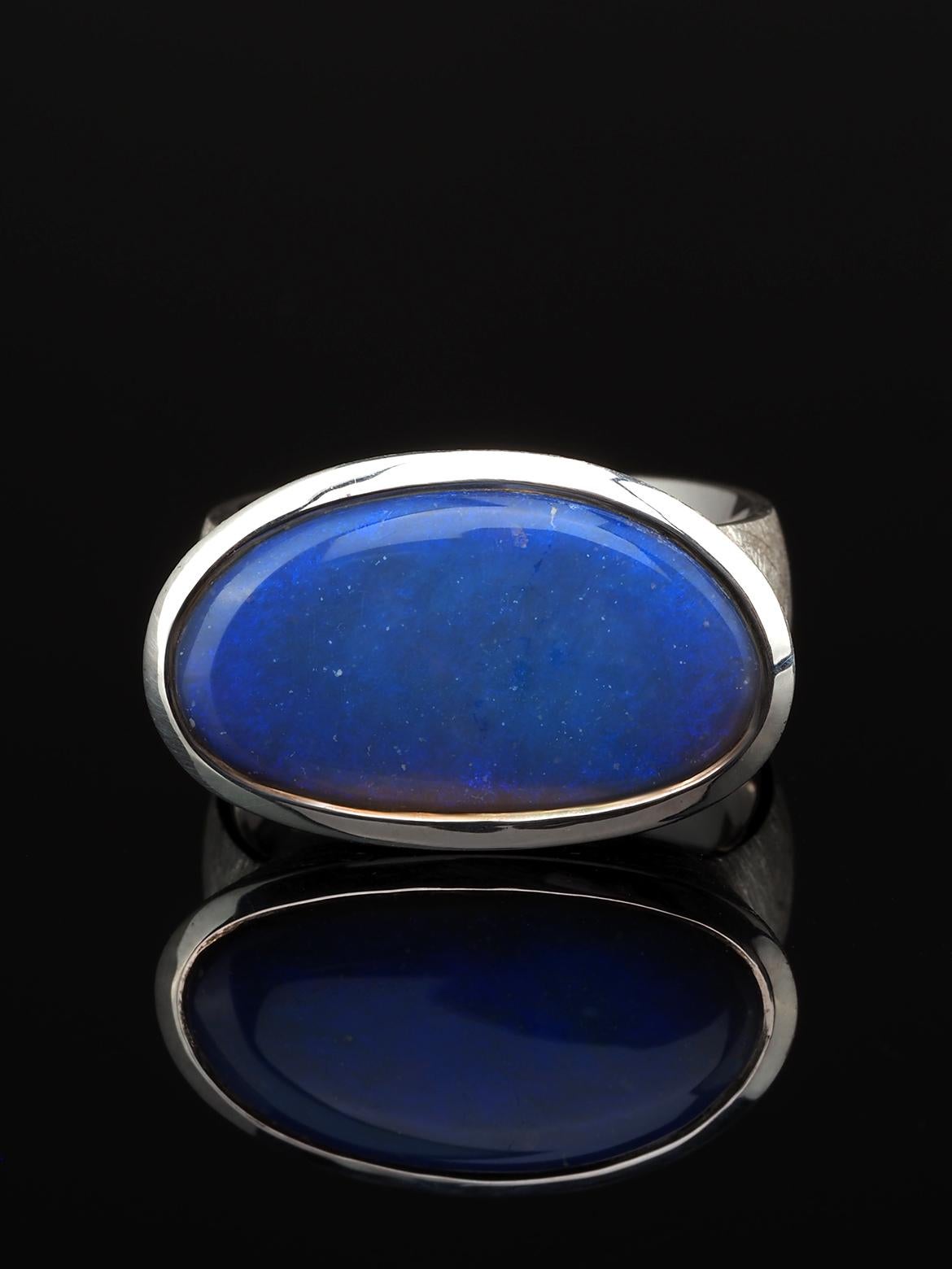 Artisan Large Black Opal Silver ring Neon Blue Australian Gemstone Gift Mens ring For Sale