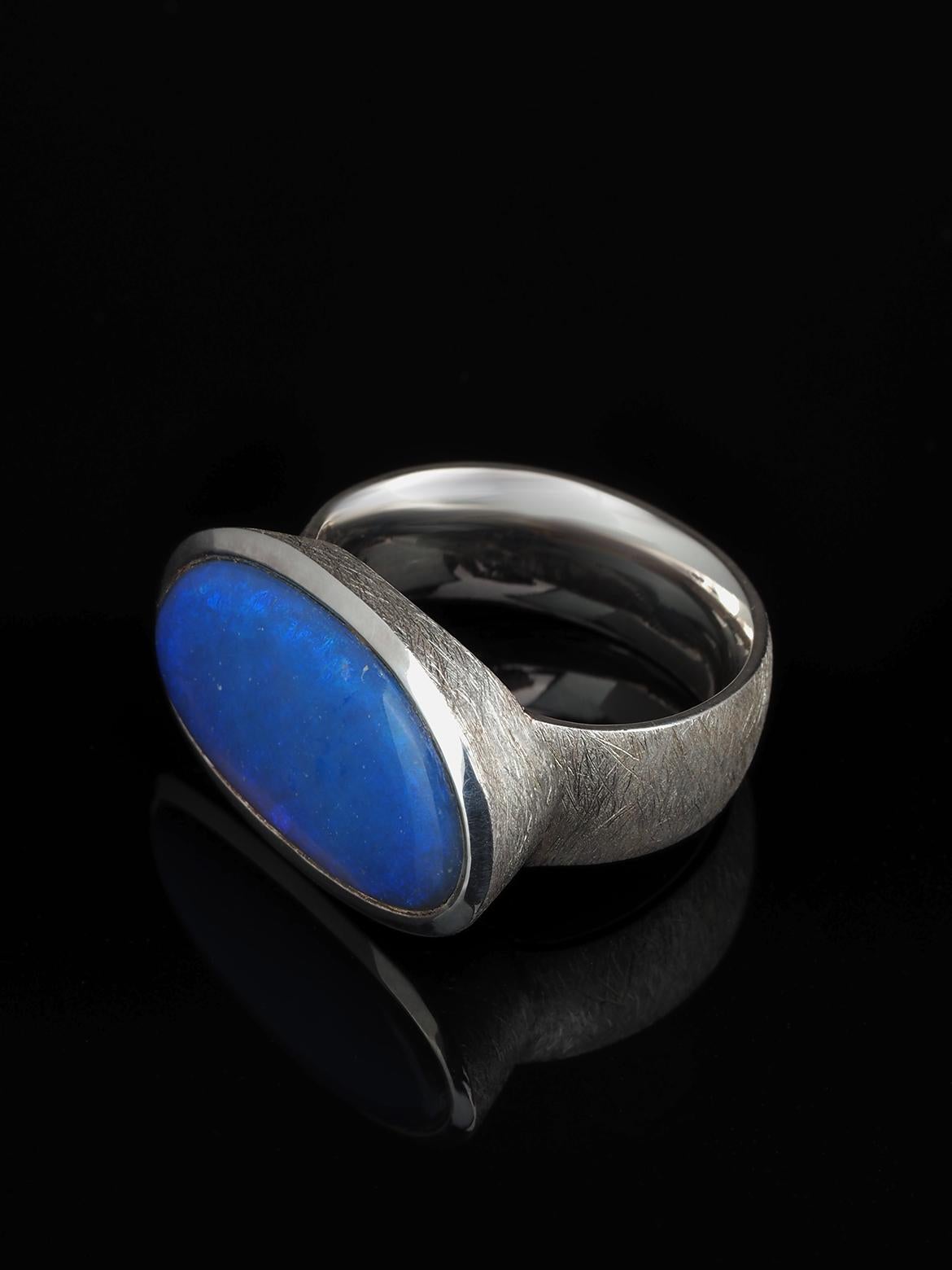 Oval Cut Large Black Opal Silver ring Neon Blue Australian Gemstone Gift Mens ring For Sale