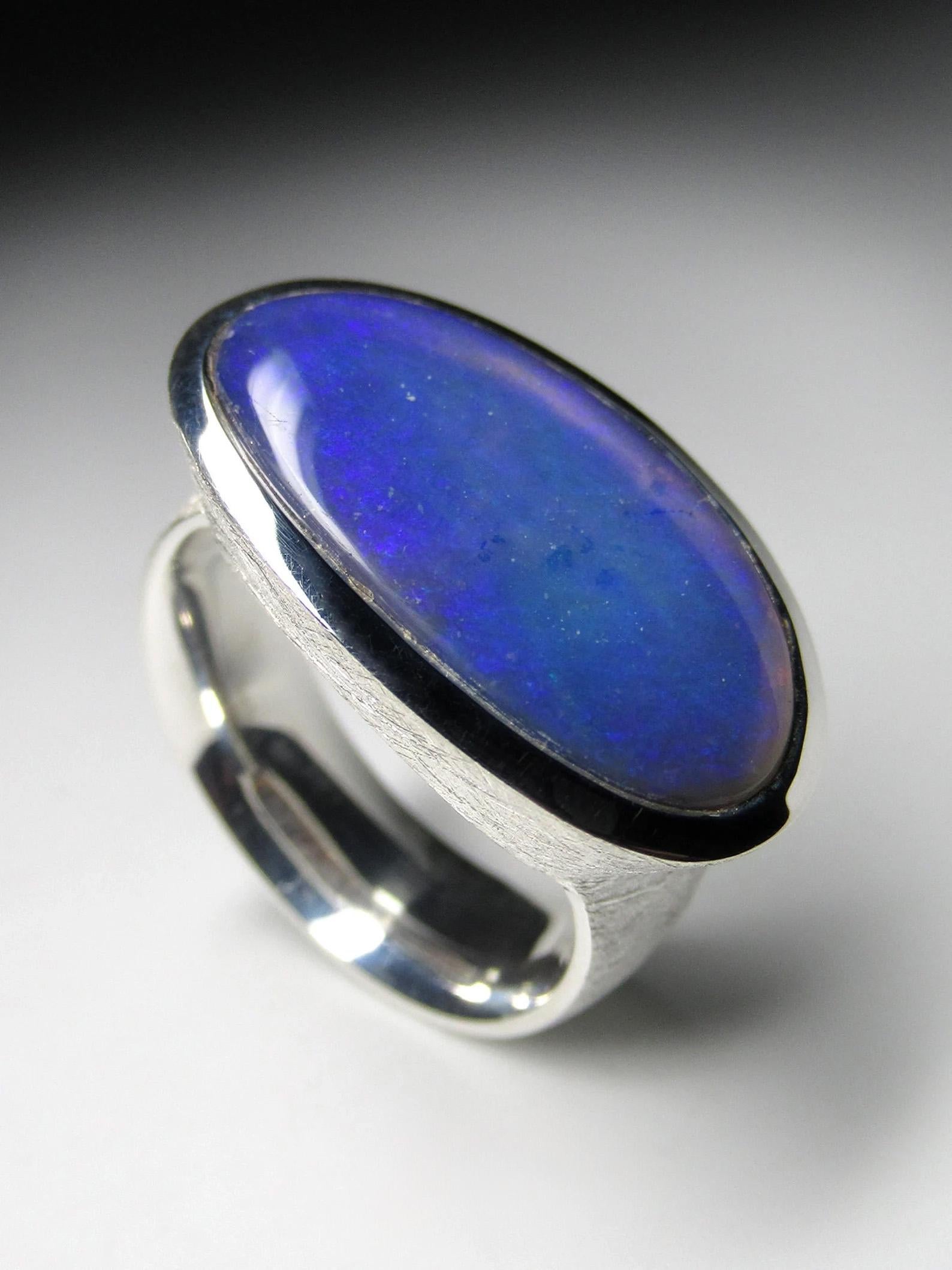 Großer Schwarzer Opal Silber Ring Neon Blau Australischer Edelstein Geschenk Herrenring für Damen oder Herren im Angebot