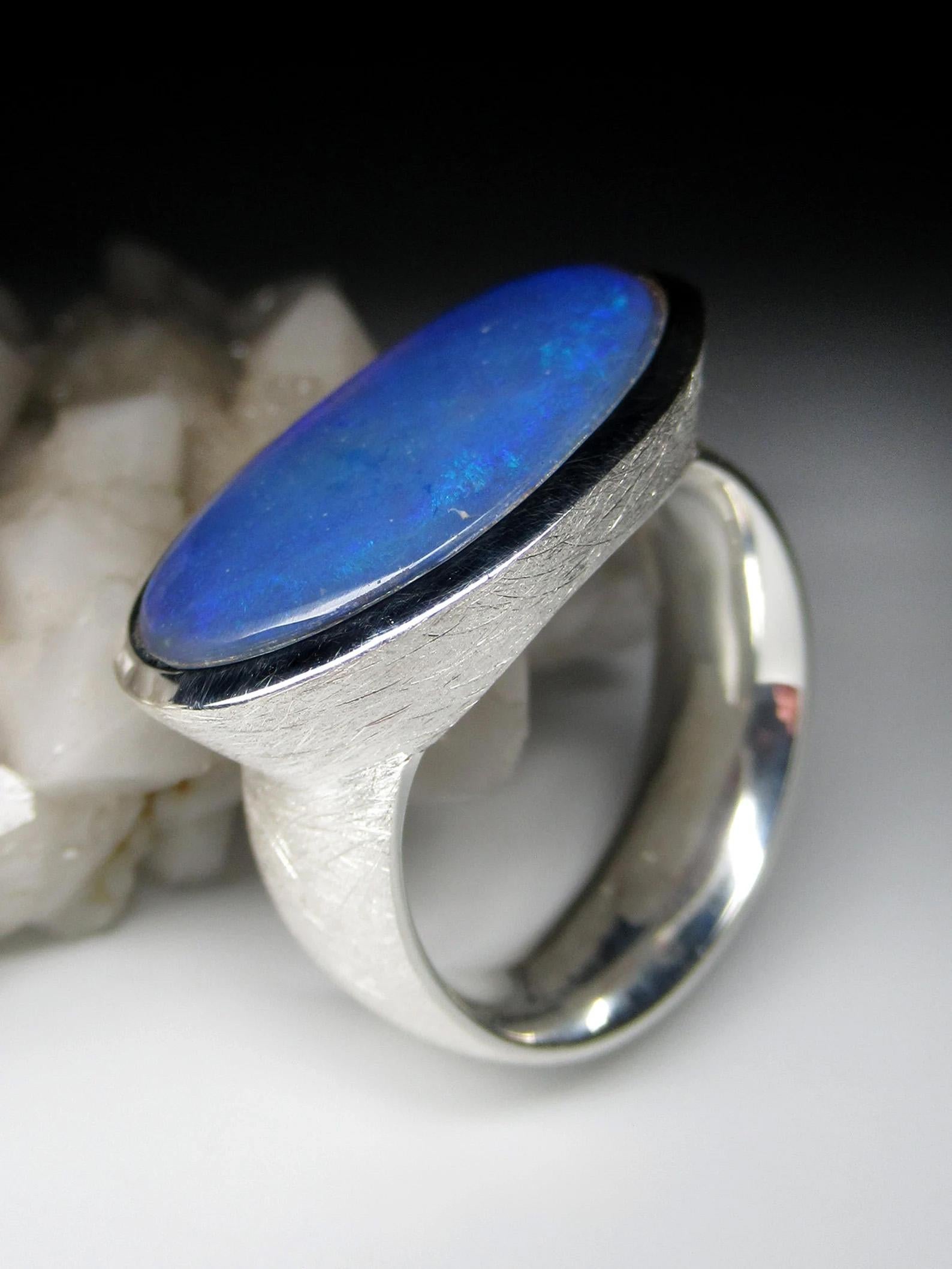 Großer Schwarzer Opal Silber Ring Neon Blau Australischer Edelstein Geschenk Herrenring im Angebot 1