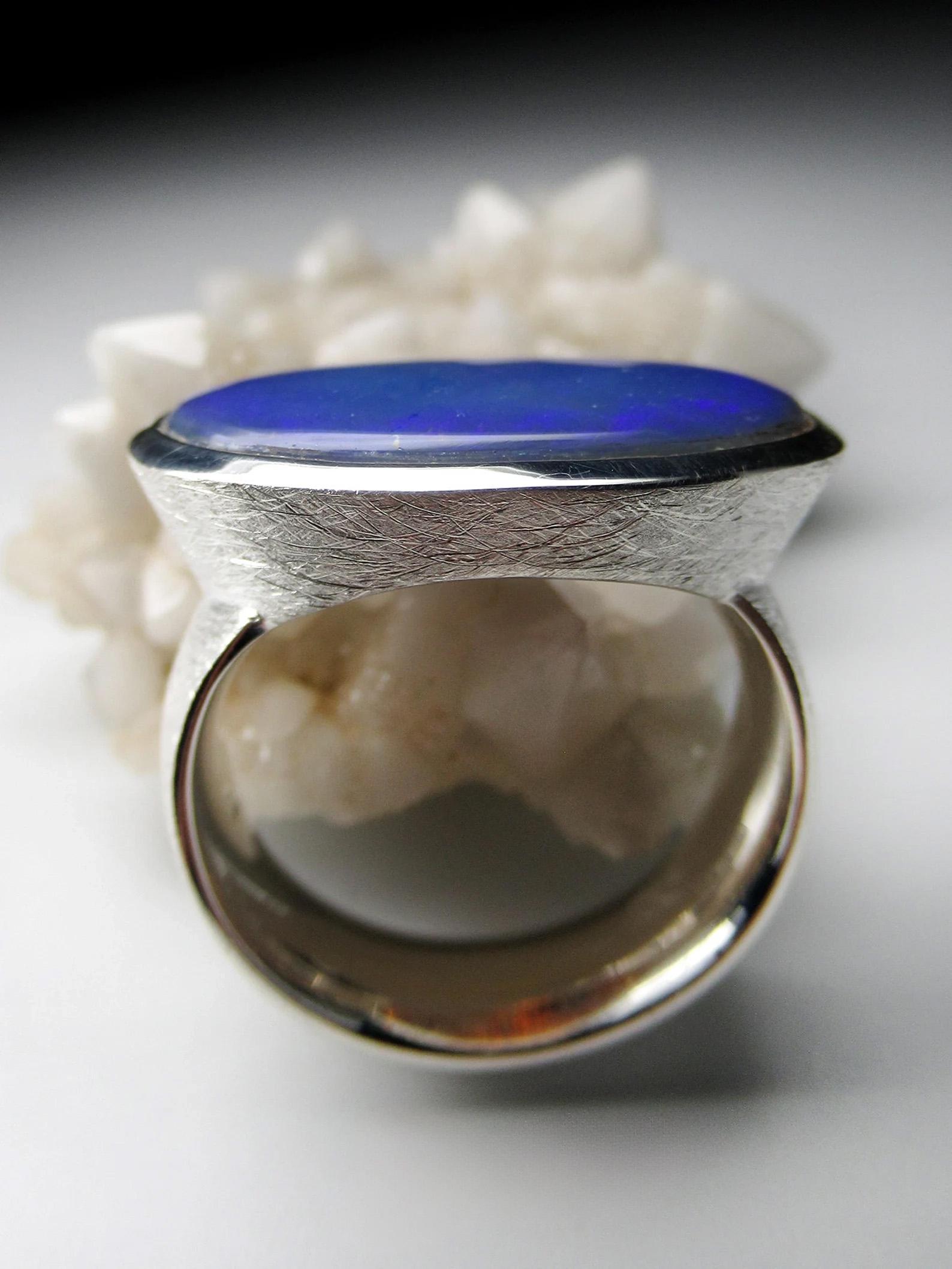 Großer Schwarzer Opal Silber Ring Neon Blau Australischer Edelstein Geschenk Herrenring im Angebot 2