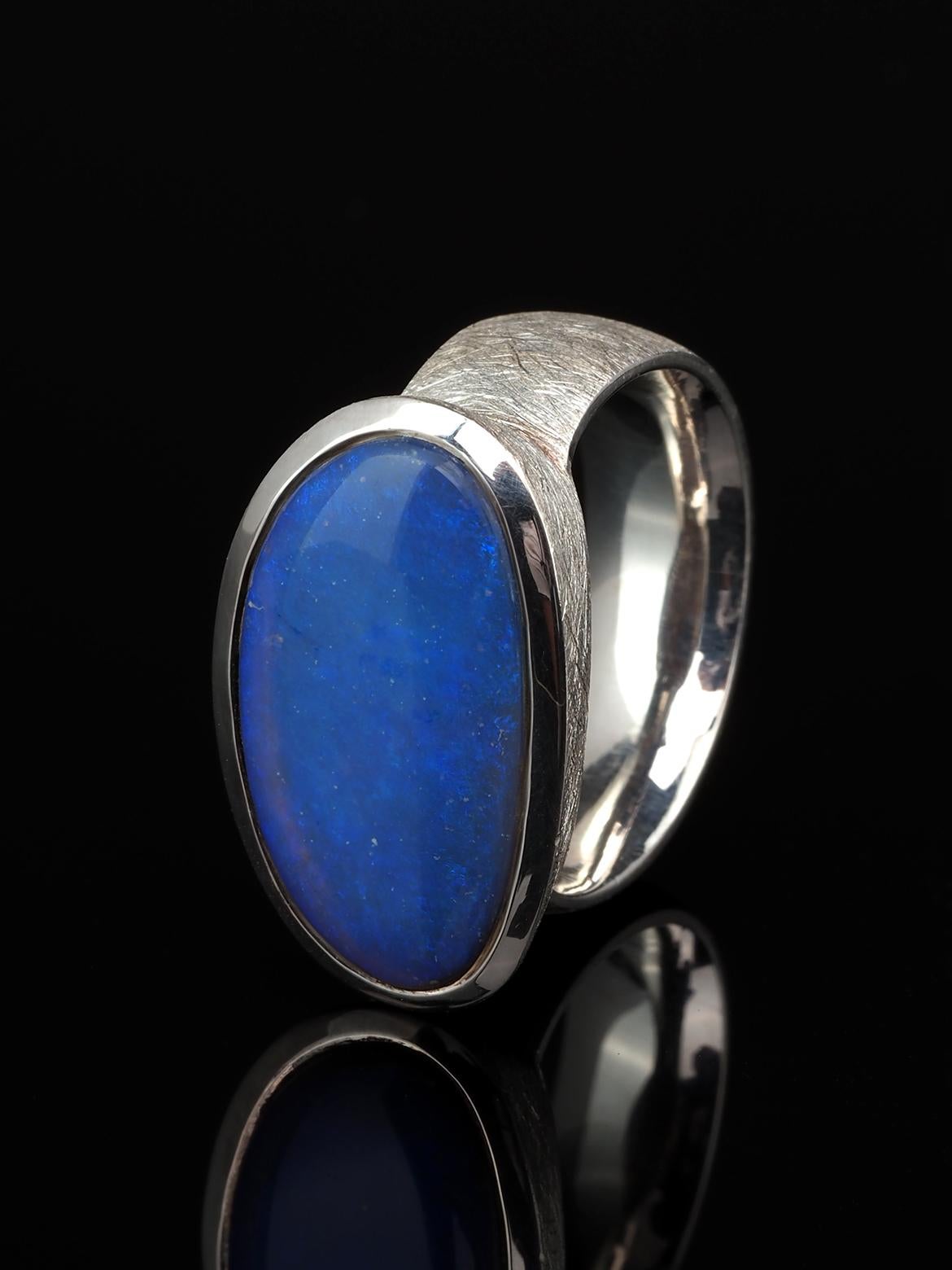 Large Black Opal Silver ring Neon Blue Australian Gemstone Gift Mens ring For Sale 3