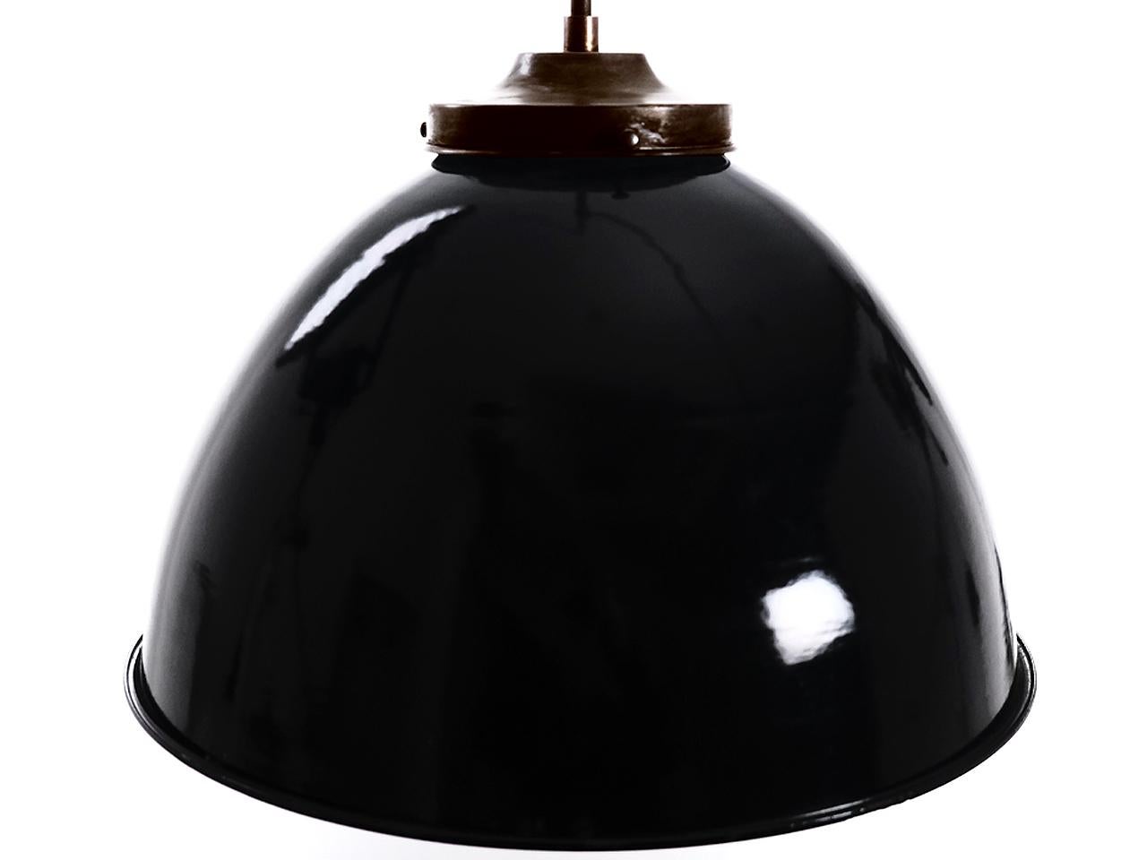 Industrial Large Black over White Dome Pendants - Matching Pair