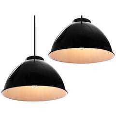 Large Black over White Dome Pendants - Matching Pair