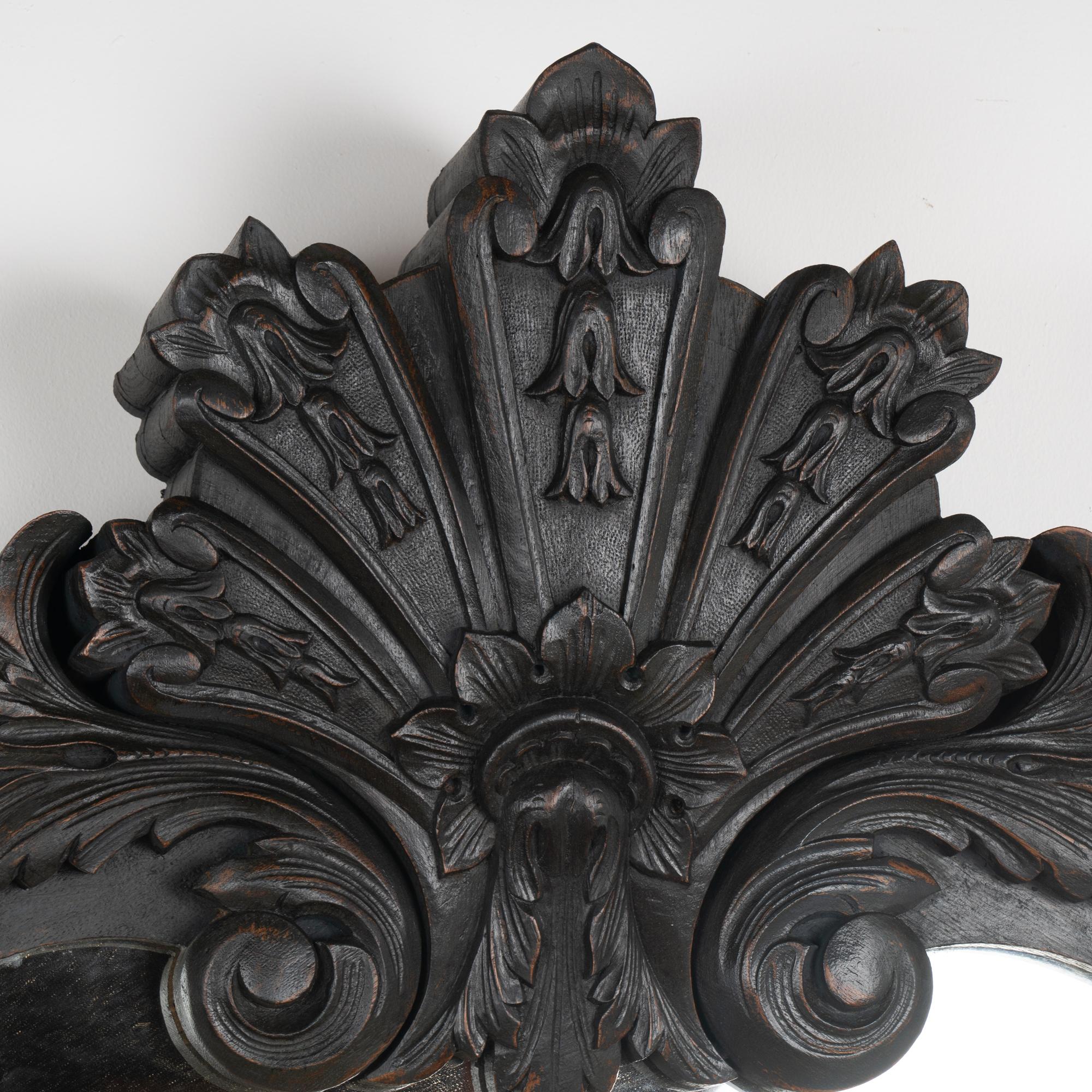 Large Black Painted Carved Oak Mirror with Cherubs, France circa 1900-20 In Good Condition For Sale In Round Top, TX