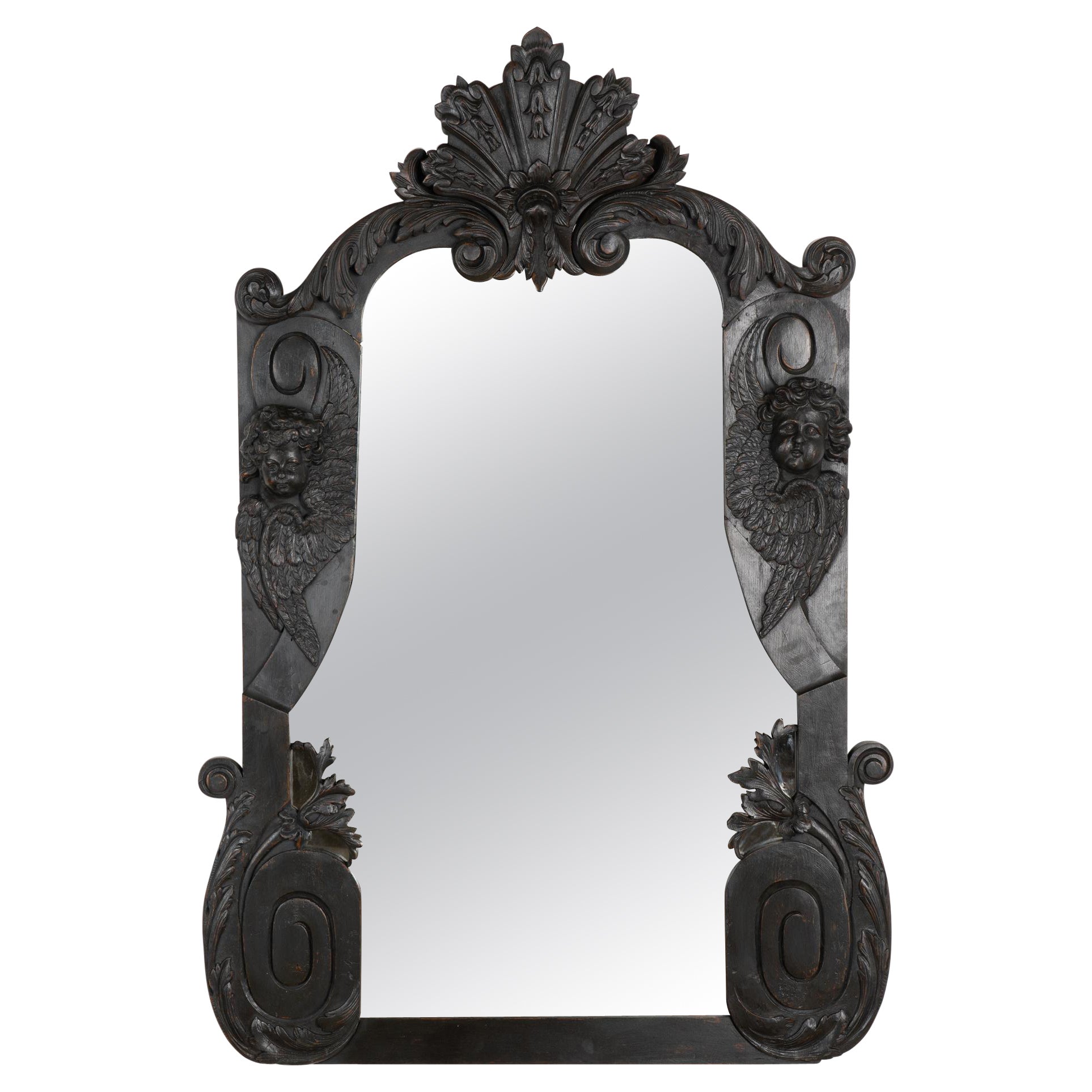 Large Black Painted Carved Oak Mirror with Cherubs, France circa 1900-20