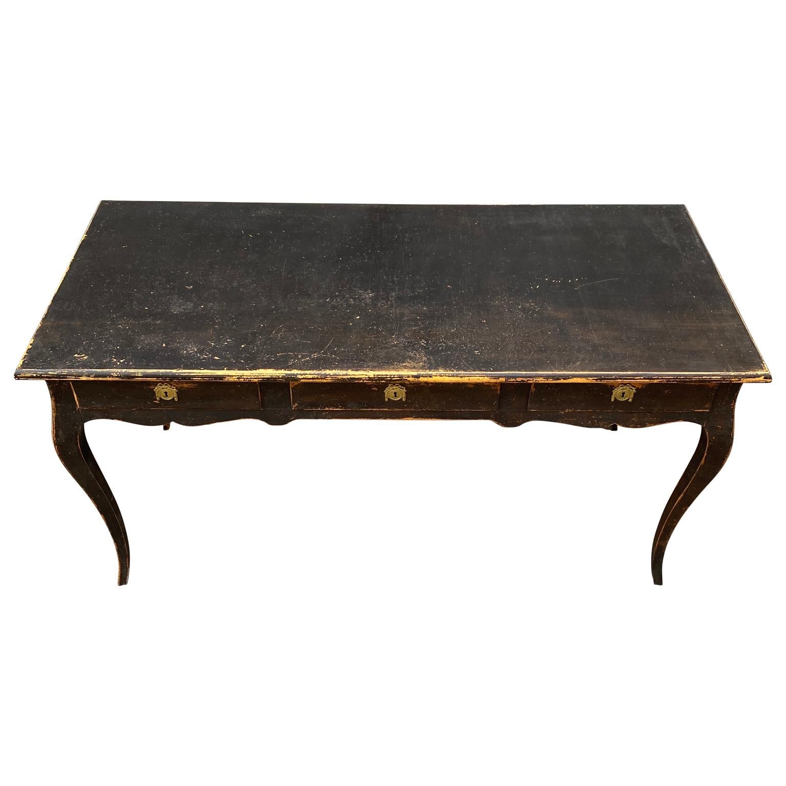 Large black painted Gustavian 3-drawer office desk, Sweden.