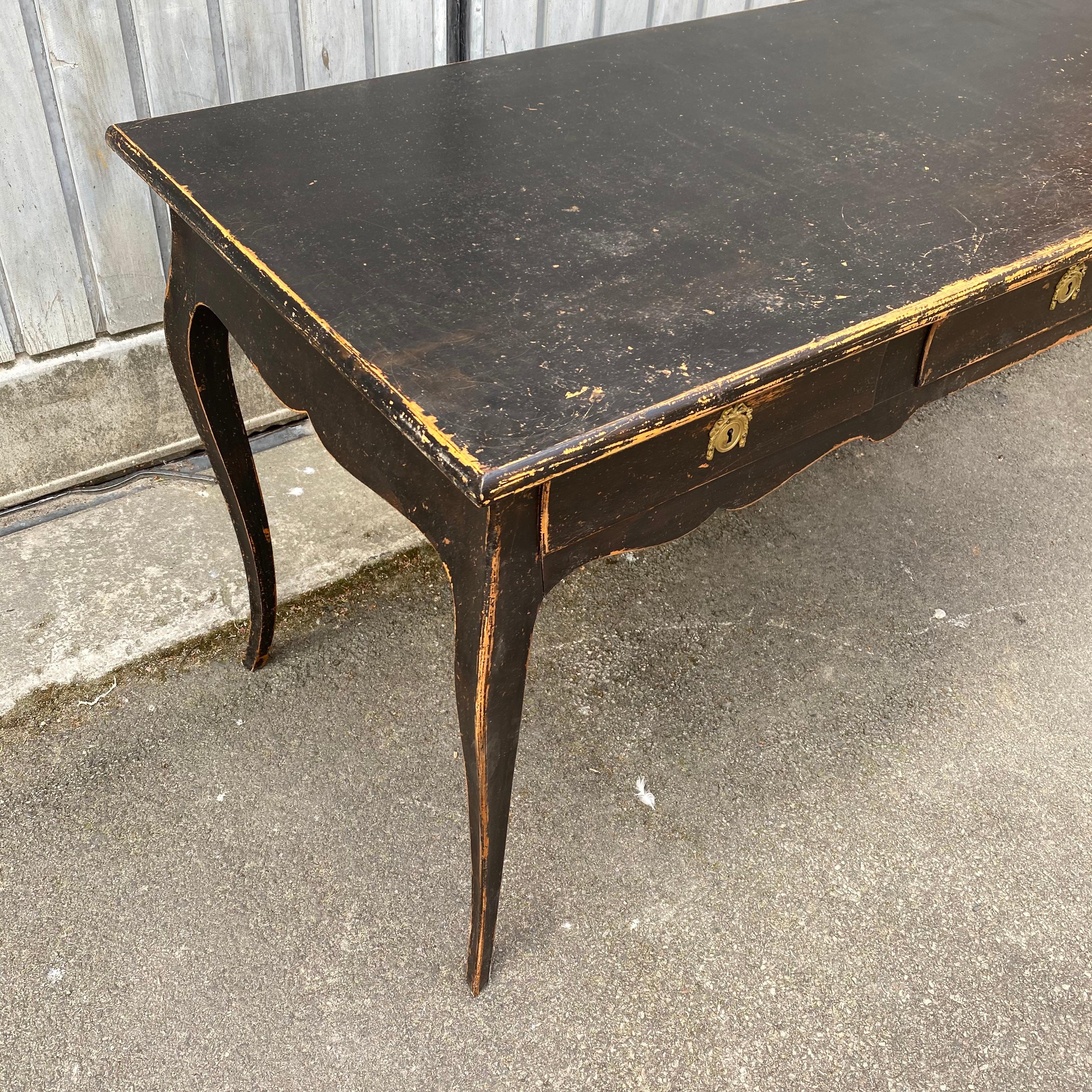 20th Century Large Black Painted Gustavian 3-Drawer Office Desk Table