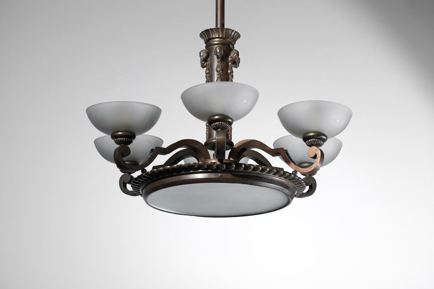 French large black patina bonze chandelier from the 30/40's For Sale