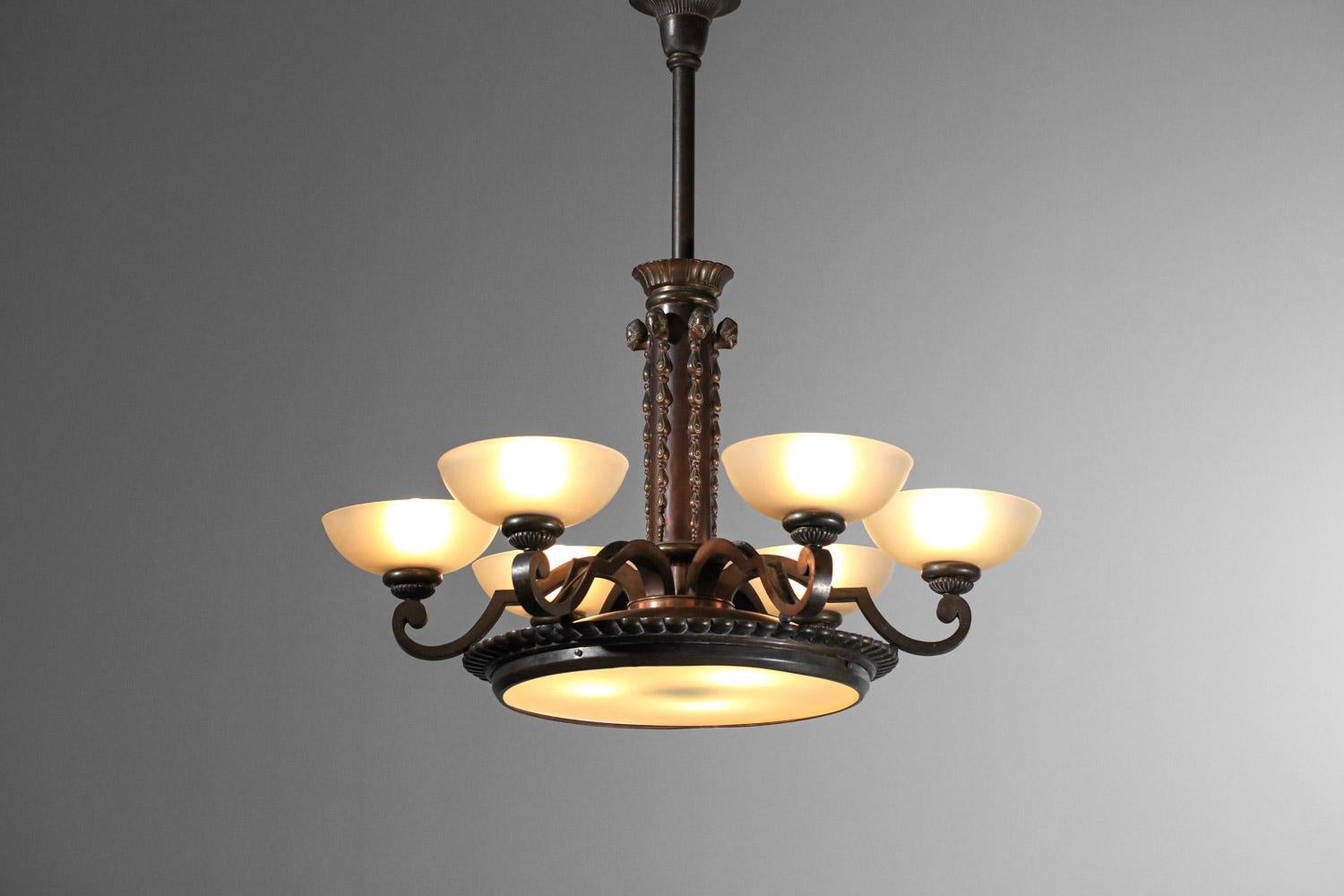 Bronze large black patina bonze chandelier from the 30/40's For Sale