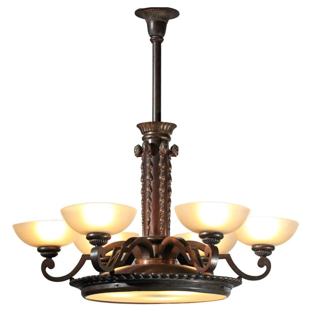 large black patina bonze chandelier from the 30/40's For Sale