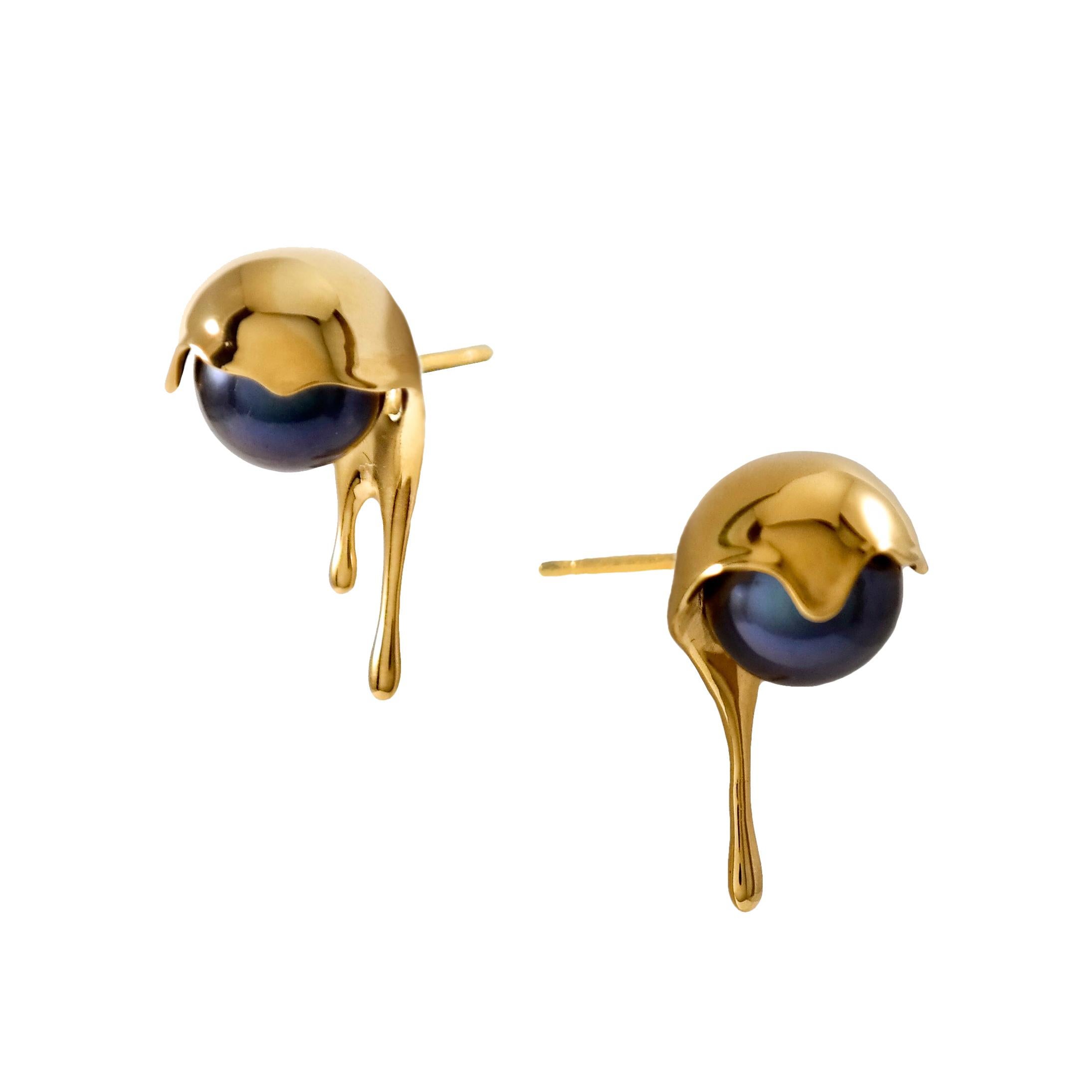 Melting Black Pearl 24k Gold Vermeil Earrings For Sale