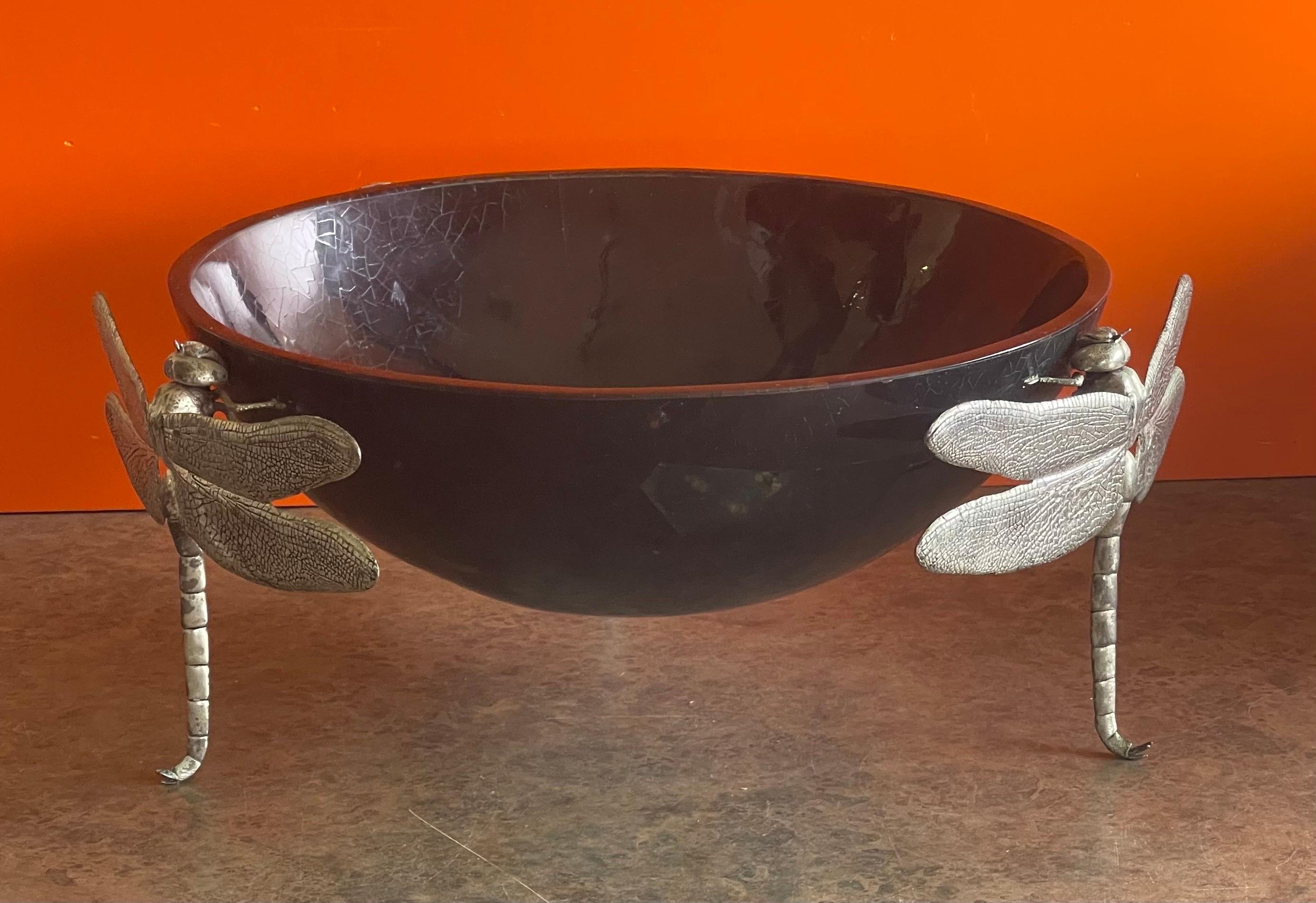 20th Century Large Black Pen Shell Centerpiece Bowl with Dragonfly Feet