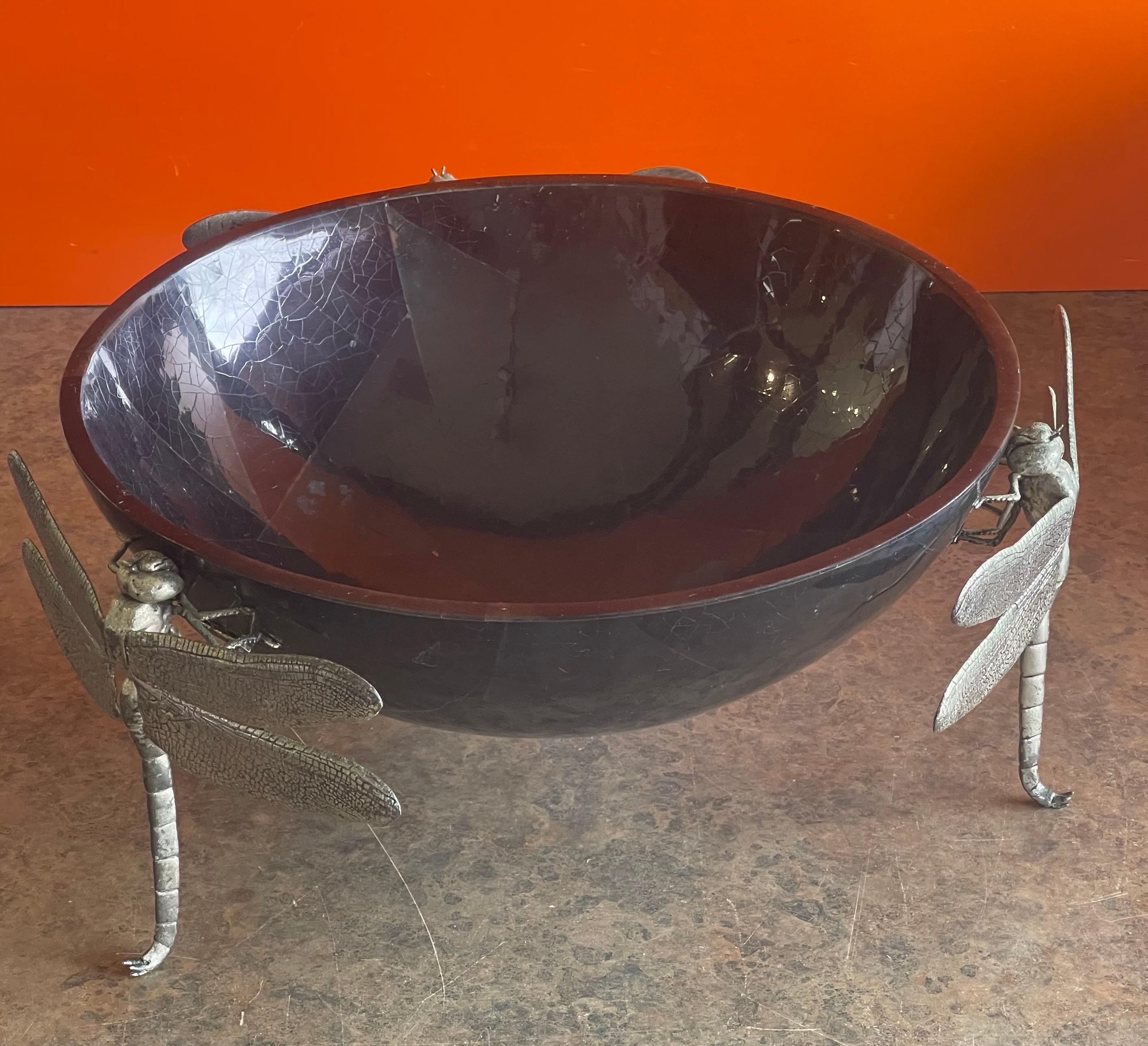 Pewter Large Black Pen Shell Centerpiece Bowl with Dragonfly Feet