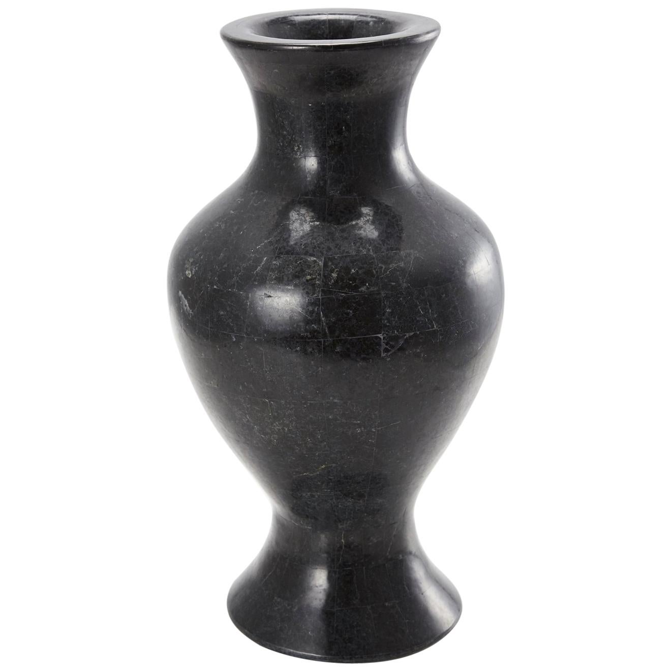 Large Black Postmodern Tessellated Stone "Oriental" Vase, 1990s For Sale