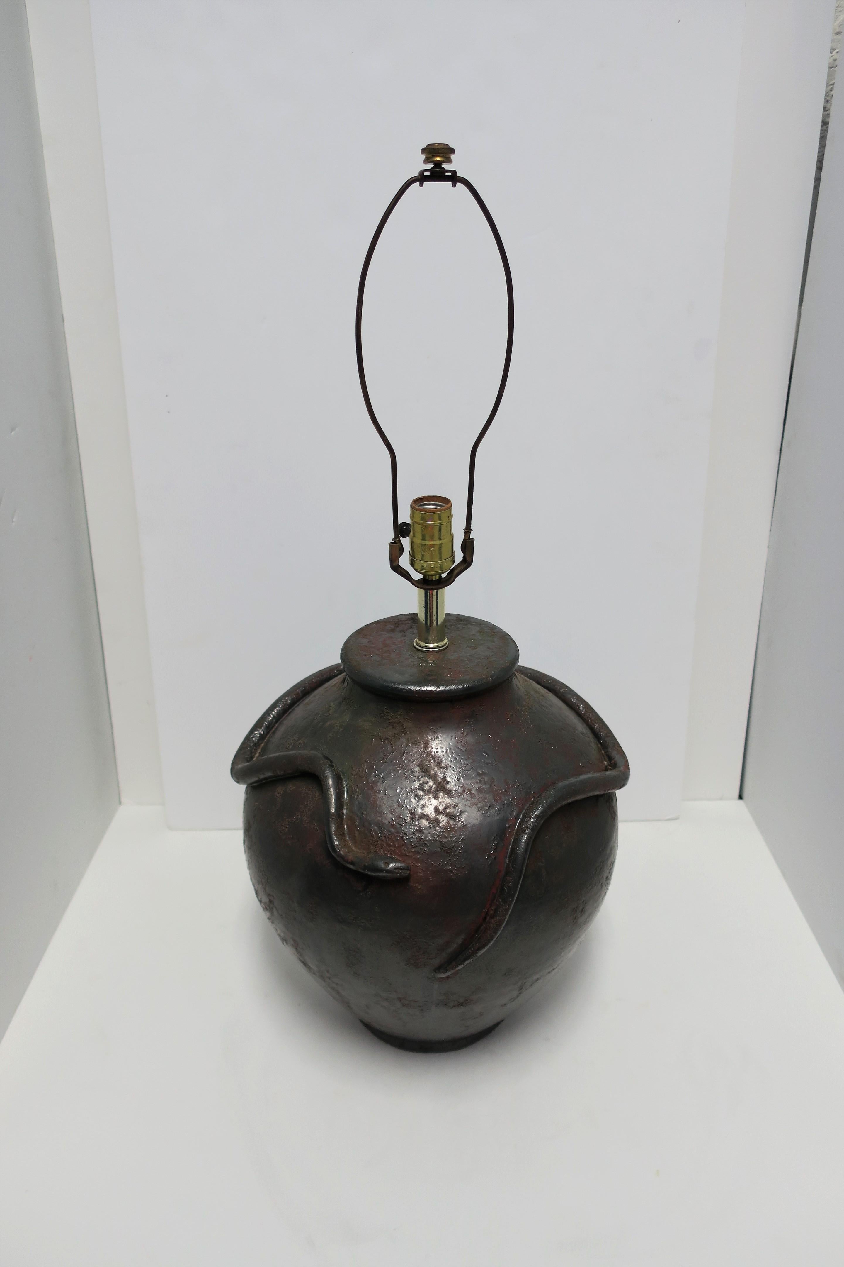 Ceramic Large Black Pottery Lamp with Snake Design, circa 1970s