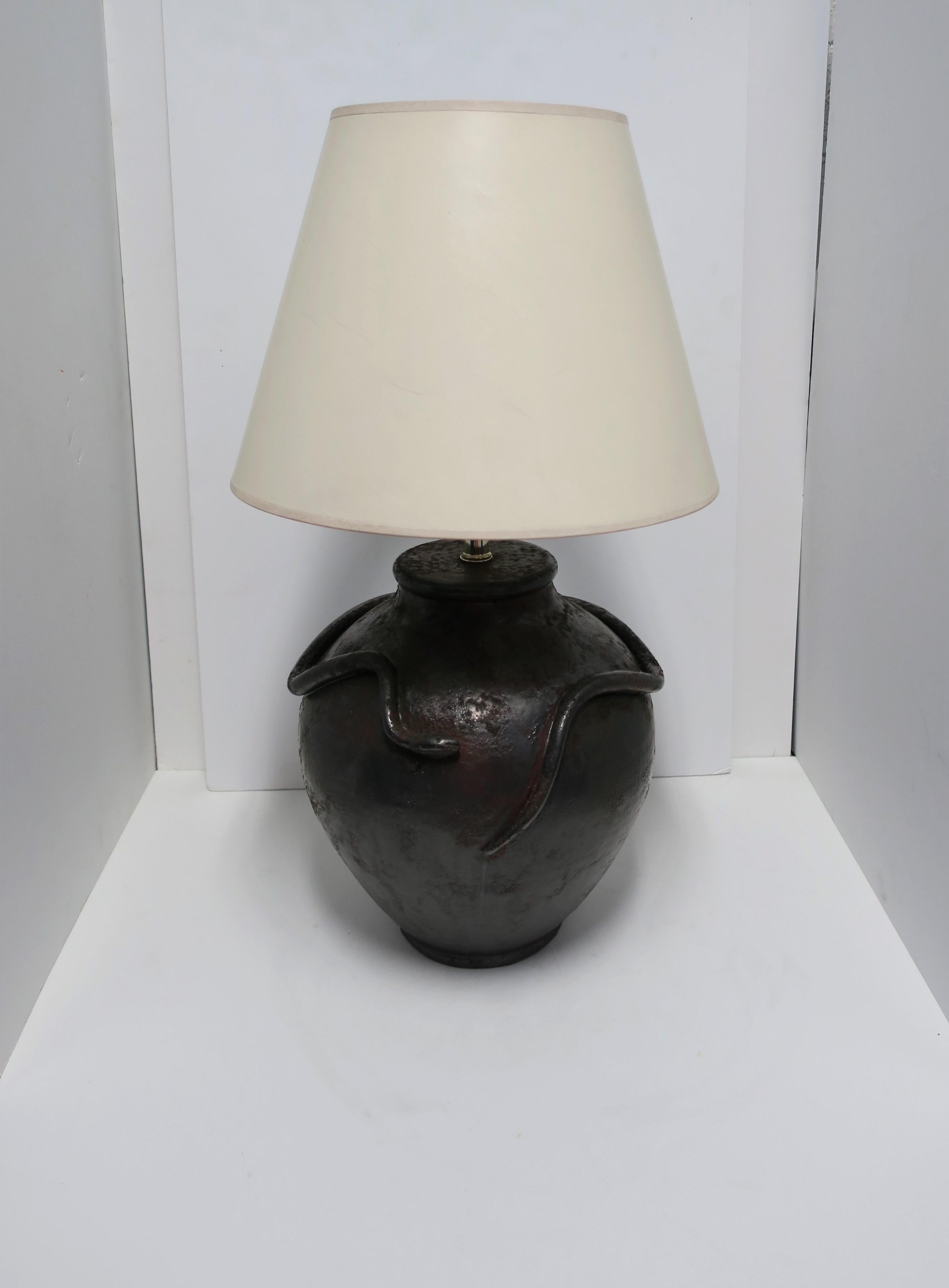 Large Black Pottery Lamp with Snake Design, circa 1970s 1