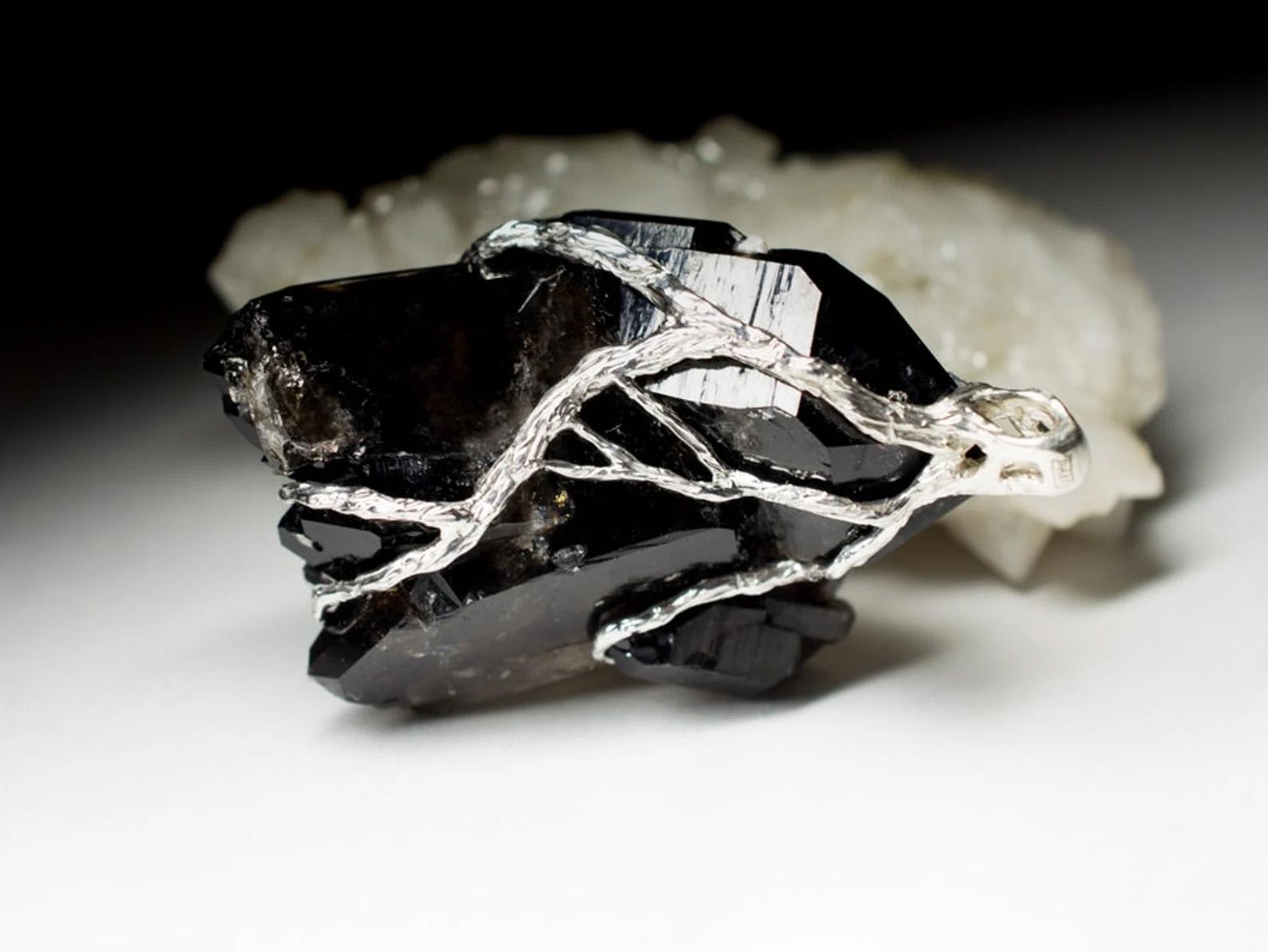 Uncut Large Black Quartz Morion Silver Pendant Raw Crystal Black Natural Gemstone For Sale
