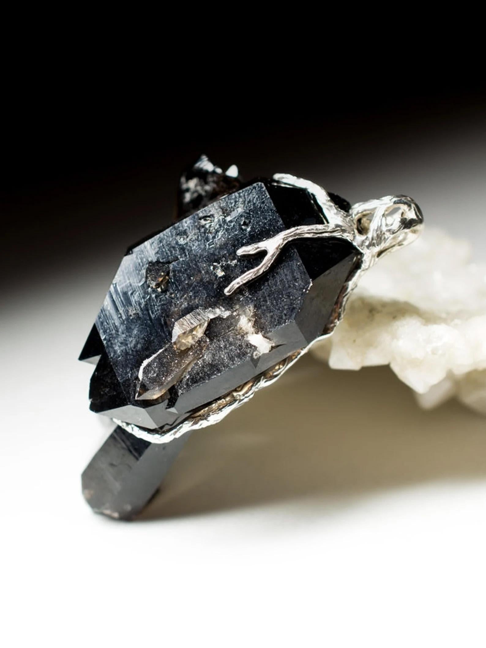 Women's or Men's Large Black Quartz Morion Silver Pendant Raw Crystal Black Natural Gemstone For Sale