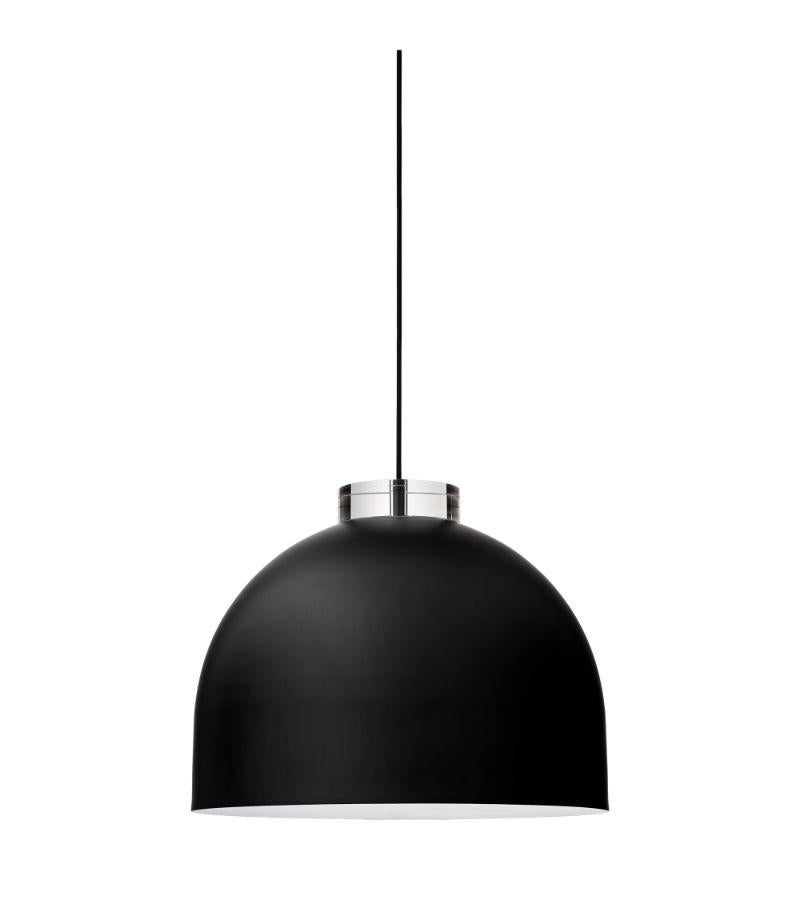 Large black round pendant lamp 
Dimensions: Diameter 45 x H 36 cm 
Materials: Glass, Iron w. Brass Plating & Powder Coating.
Details: For all lamps, the recommended light source is E27 max 25W&220/240 voltage. We recommend LED in order to avoid