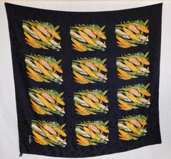 Large Black Silk Nicole Miller Scarf with Corn Pattern Motif