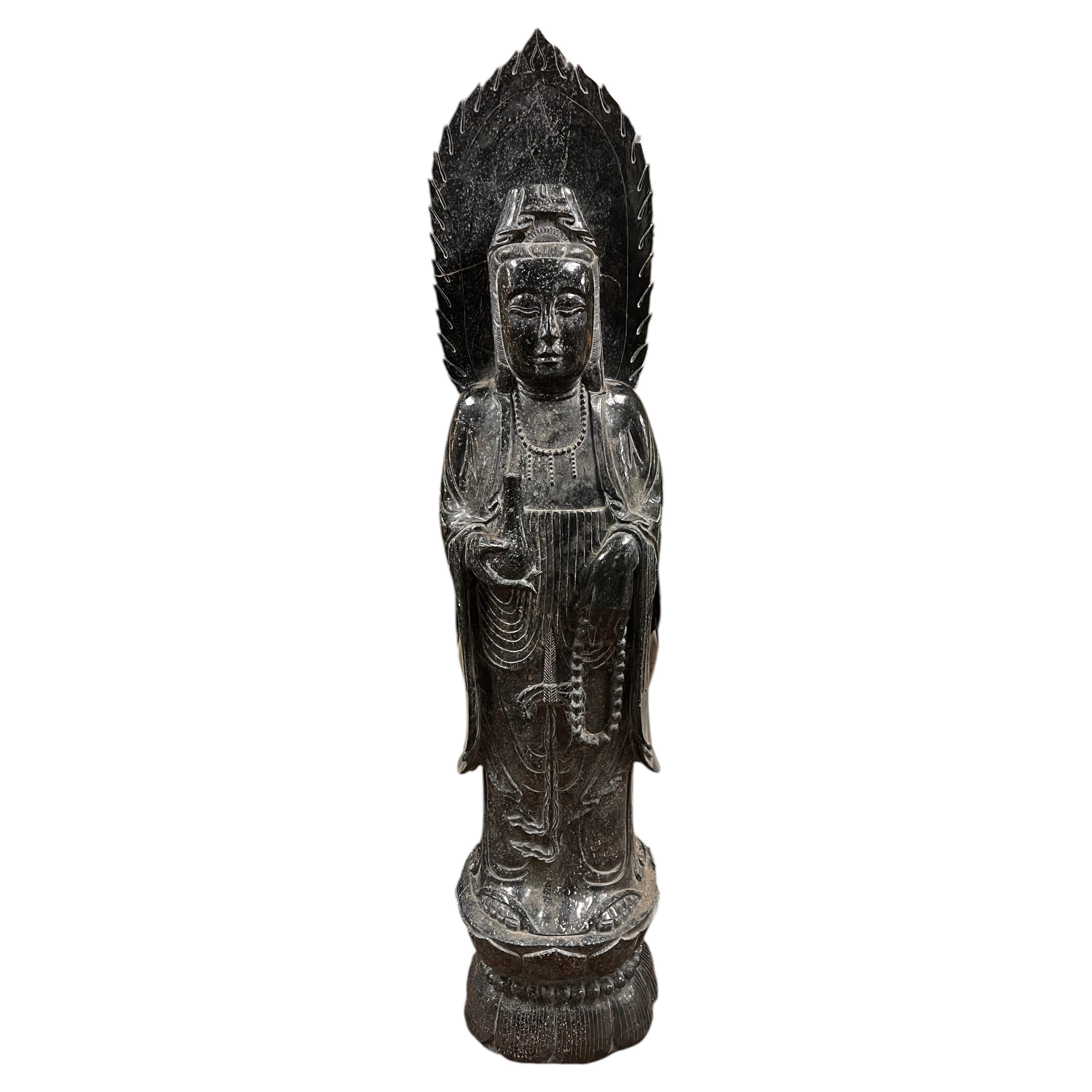 Large Black Stone Statue of Standing Bodhisattva Guanyin / Buddha