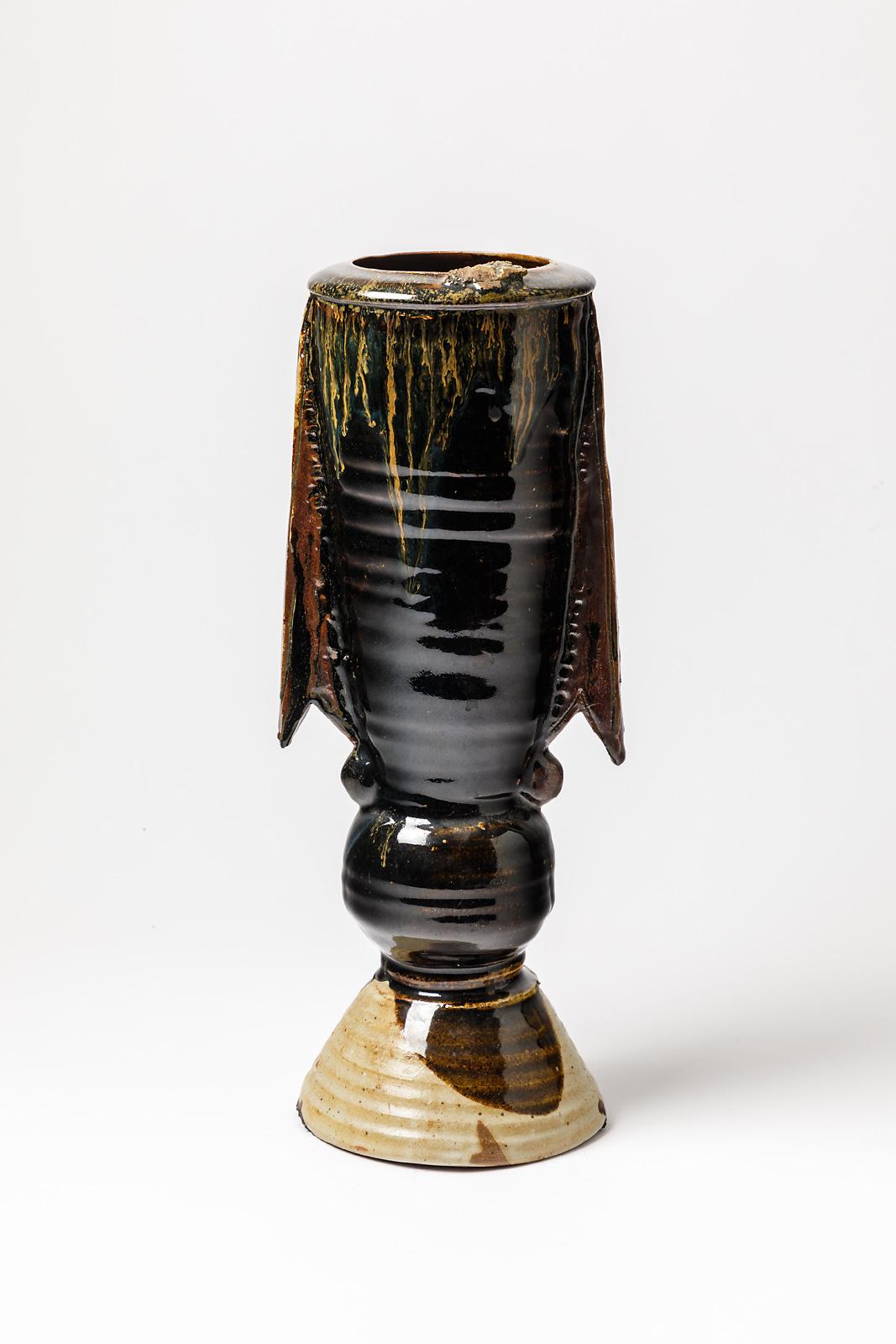 Große schwarze Keramikvase aus Steingut von Boisbelle La Borne, 1989 Design (Moderne der Mitte des Jahrhunderts) im Angebot