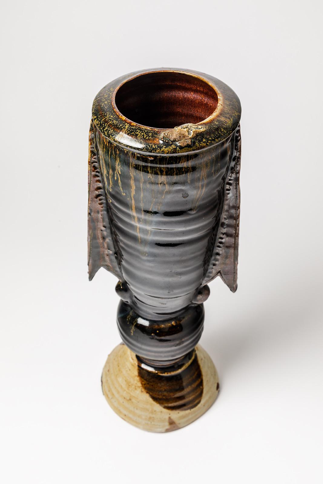 Français Grand vase en céramique de grès noir de Boisbelle La Borne, 1989 Design en vente