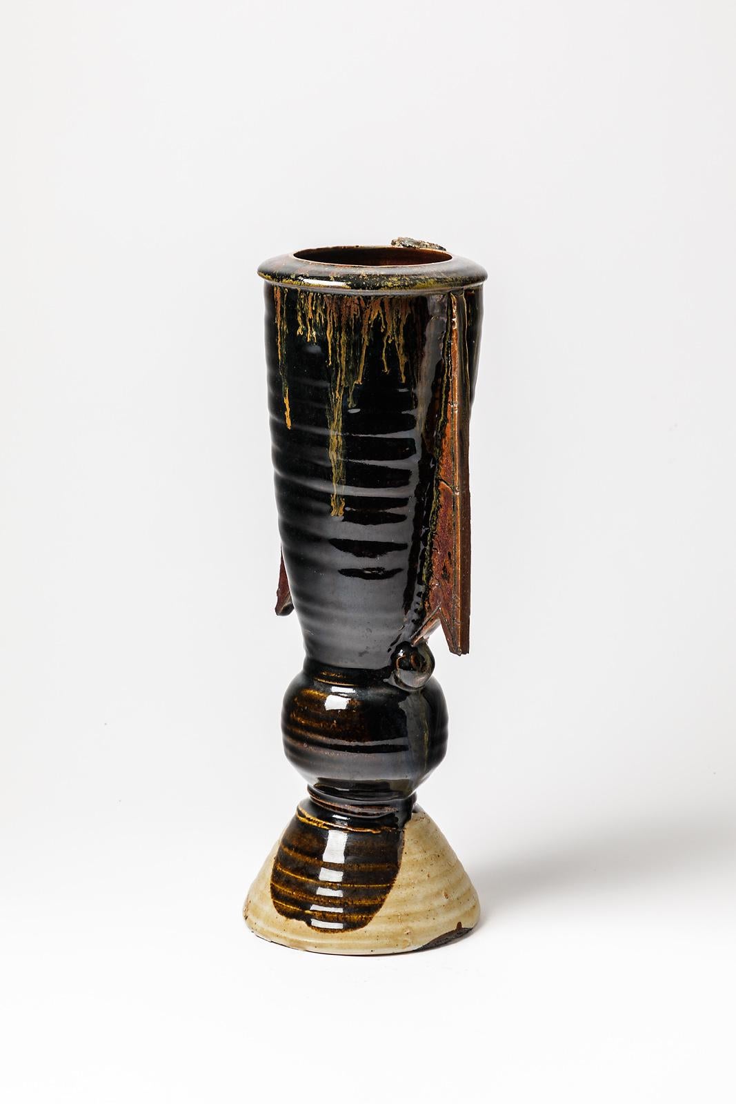 Große schwarze Keramikvase aus Steingut von Boisbelle La Borne, 1989 Design im Zustand „Hervorragend“ im Angebot in Neuilly-en- sancerre, FR