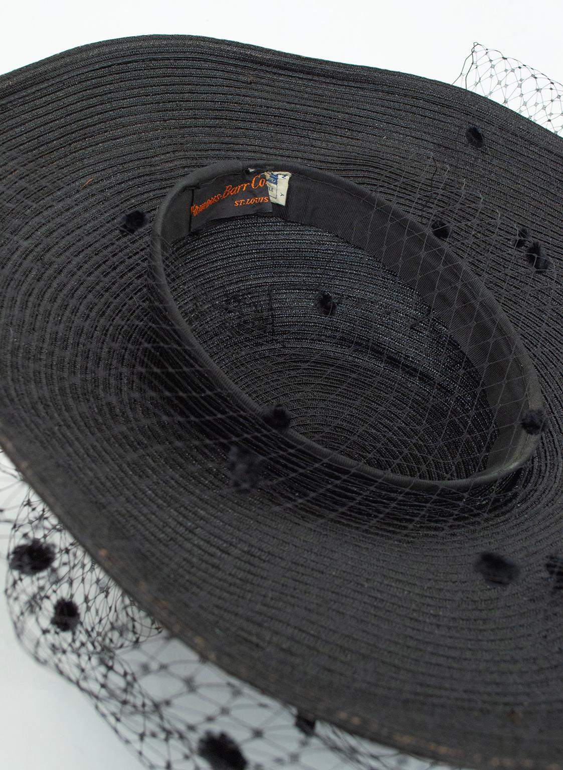 Großer schwarzer Cartwheel-Strohhut mit gepunktetem Chenille-Schleier - M, 1950er Jahre im Angebot 7