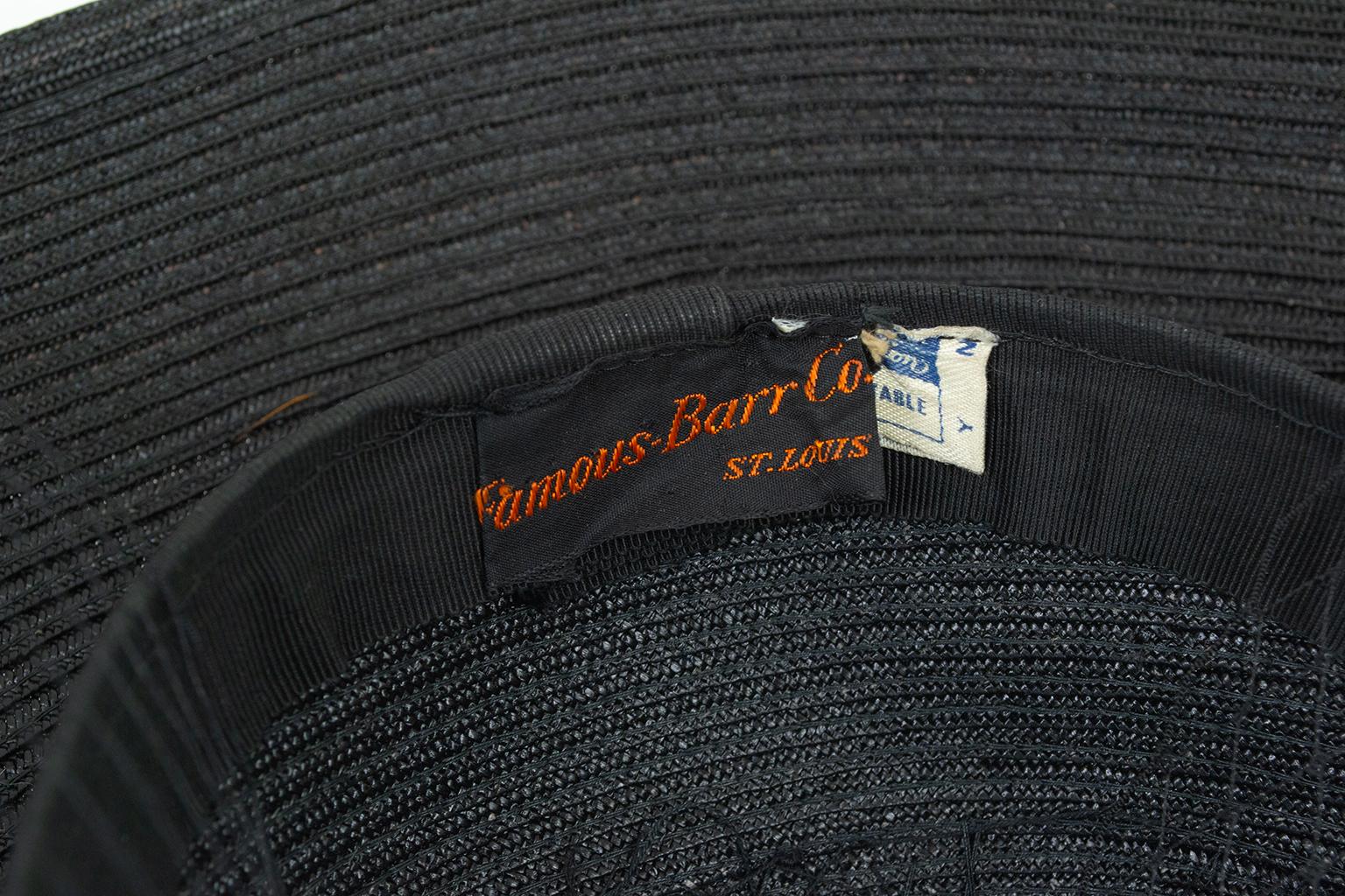 Grand chapeau photo en paille noire avec voile en chenille à pois - M, années 1950 en vente 8
