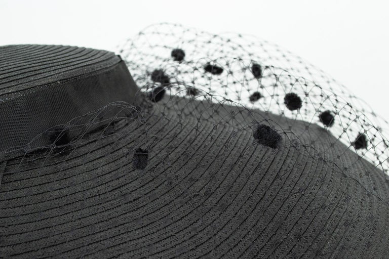 Large Black Straw Cartwheel Picture Hat with Dotted Chenille  display picture 3