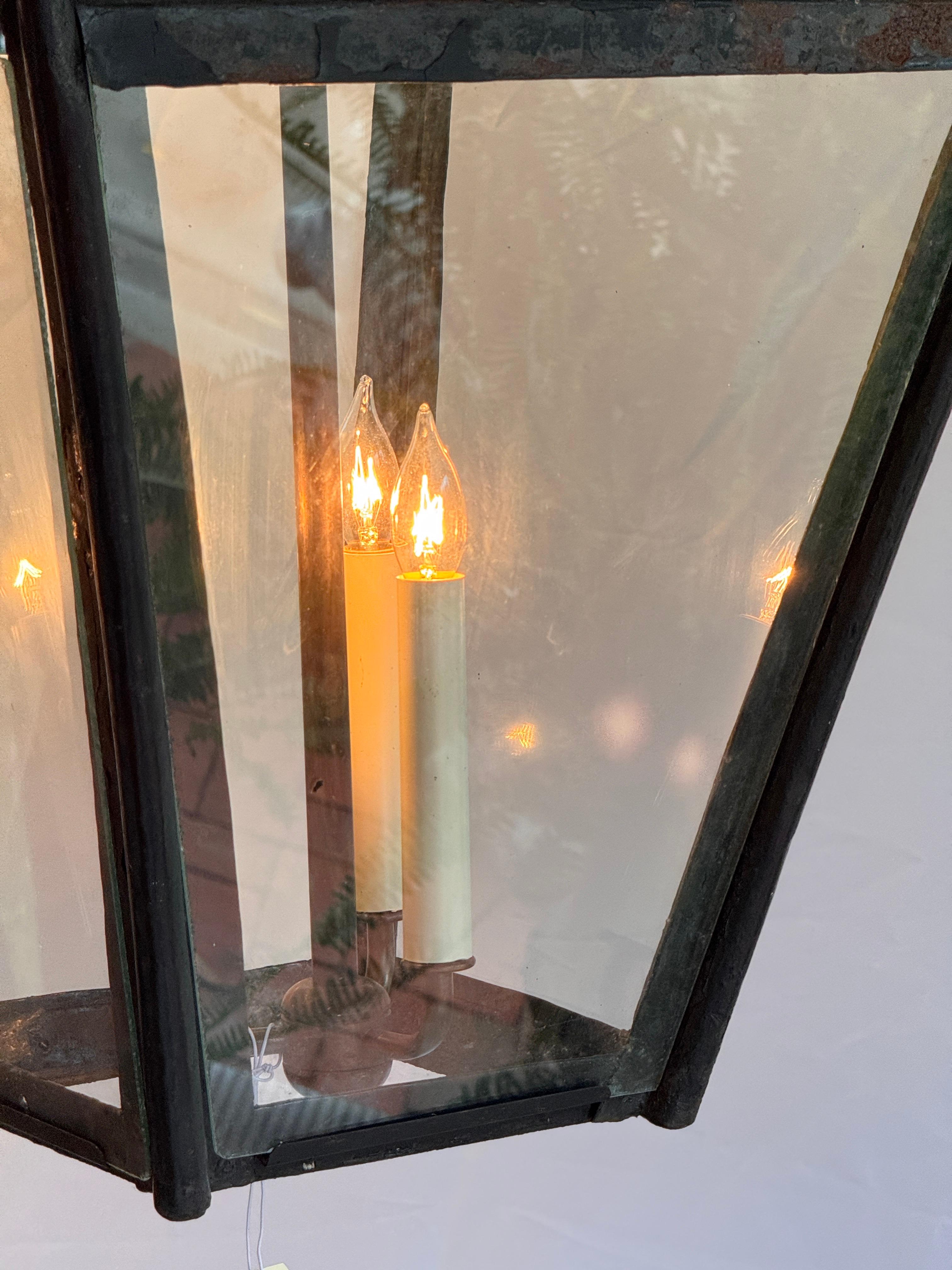 French Large Black Tapered Lantern With Clear Glass Panels For Sale
