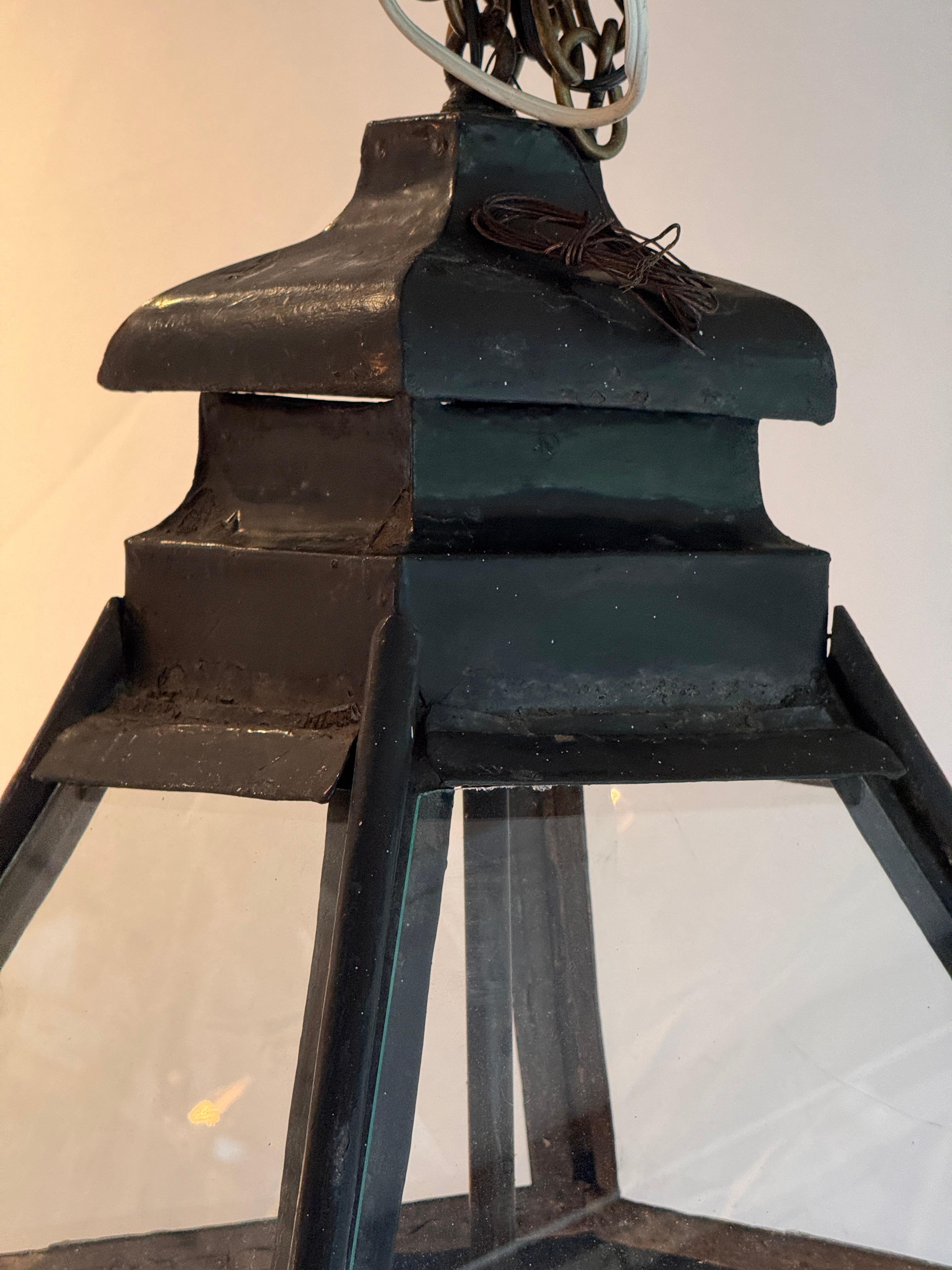 Large Black Tapered Lantern With Clear Glass Panels In Good Condition For Sale In Charlottesville, VA