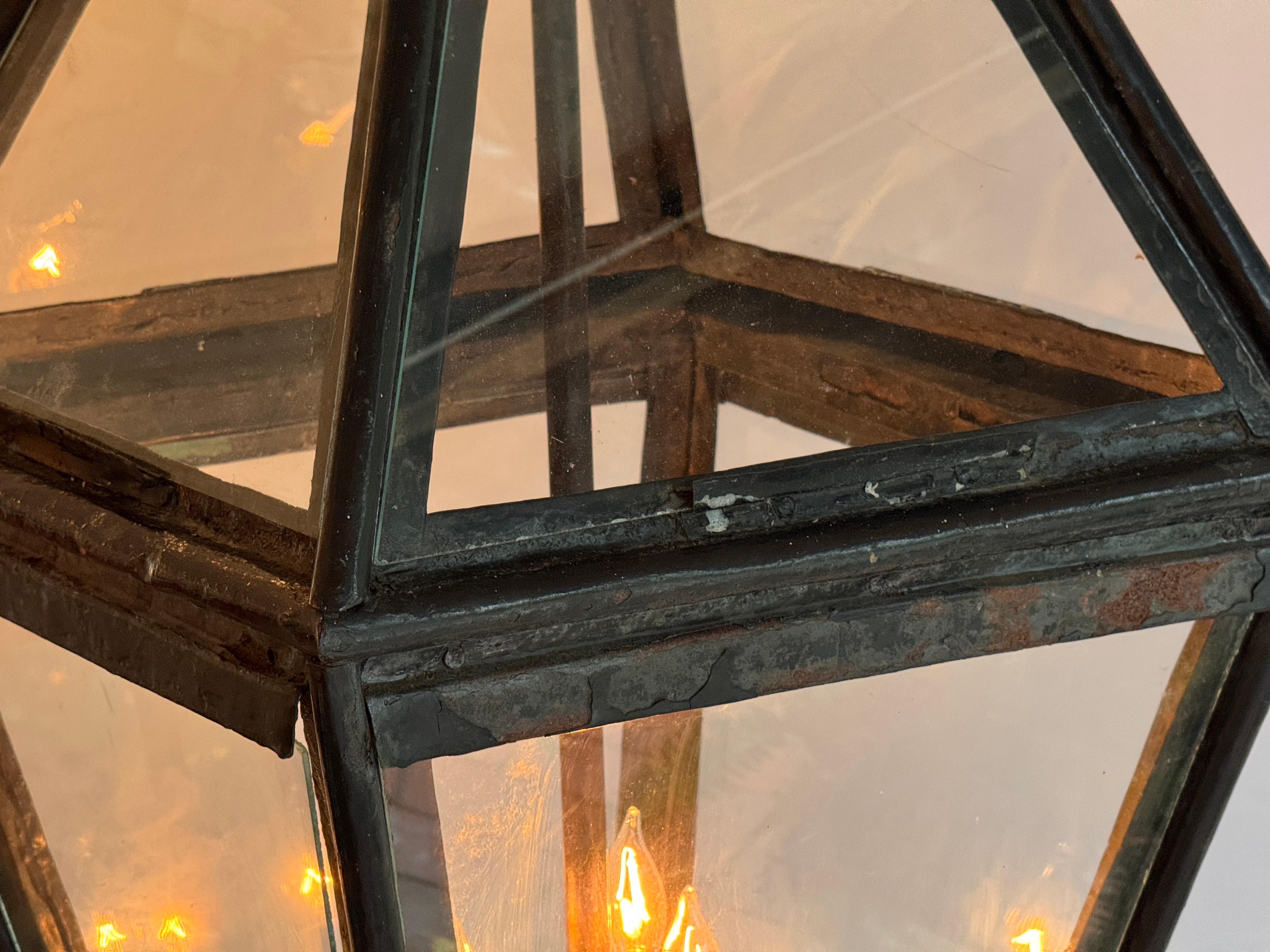 Early 20th Century Large Black Tapered Lantern With Clear Glass Panels For Sale